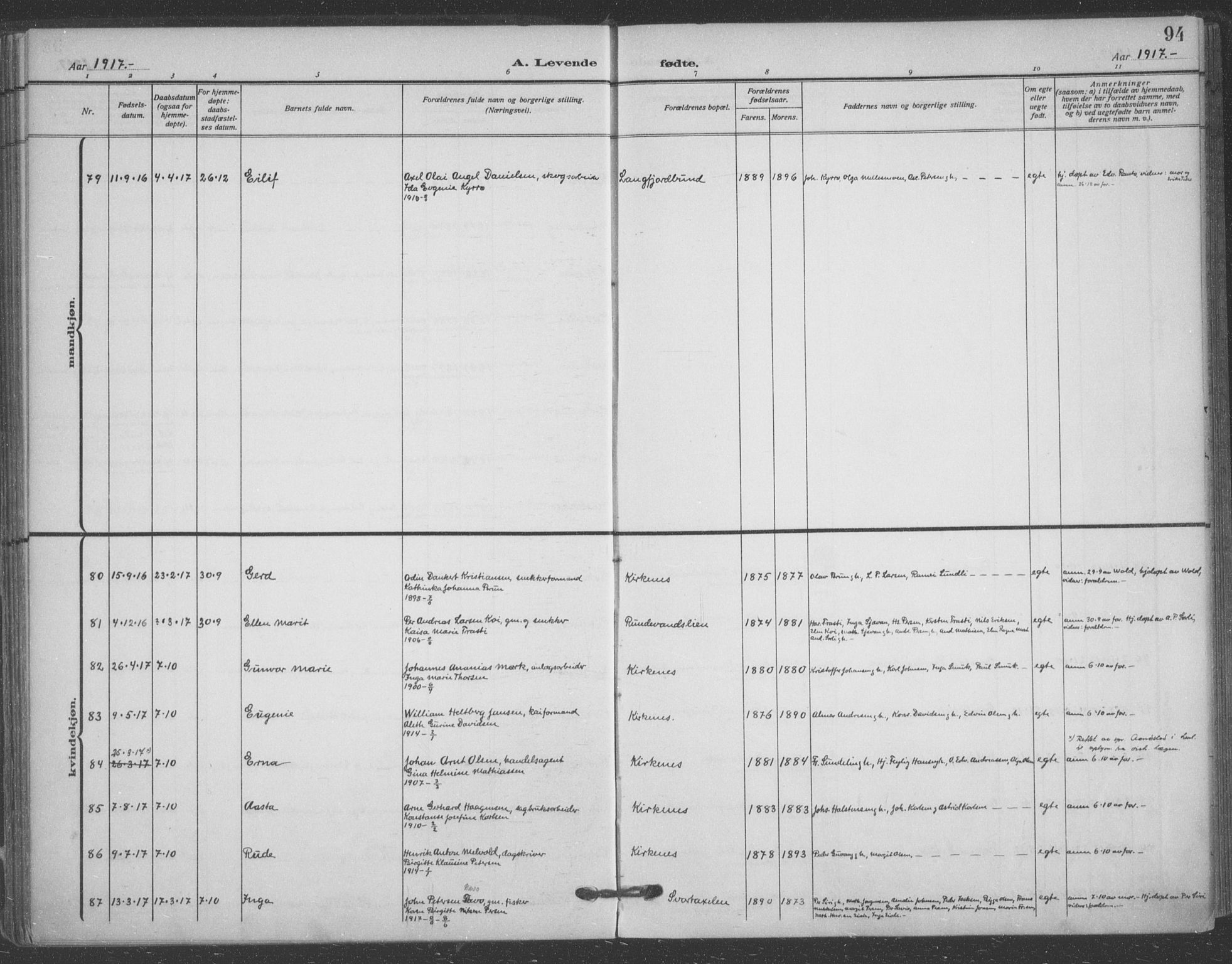 Sør-Varanger sokneprestkontor, AV/SATØ-S-1331/H/Ha/L0005kirke: Parish register (official) no. 5, 1909-1919, p. 94