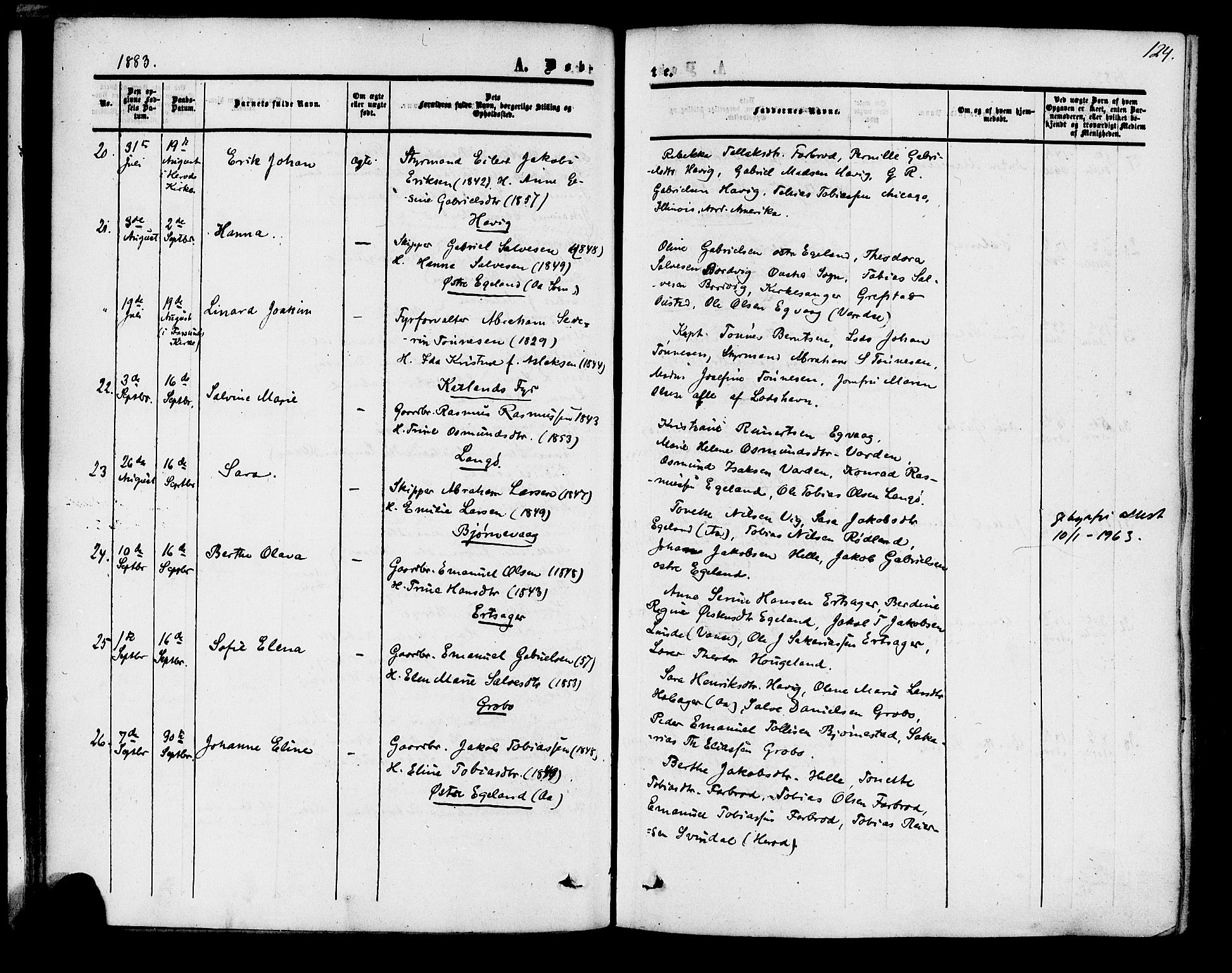 Herad sokneprestkontor, AV/SAK-1111-0018/F/Fa/Fab/L0004: Parish register (official) no. A 4, 1853-1885, p. 124