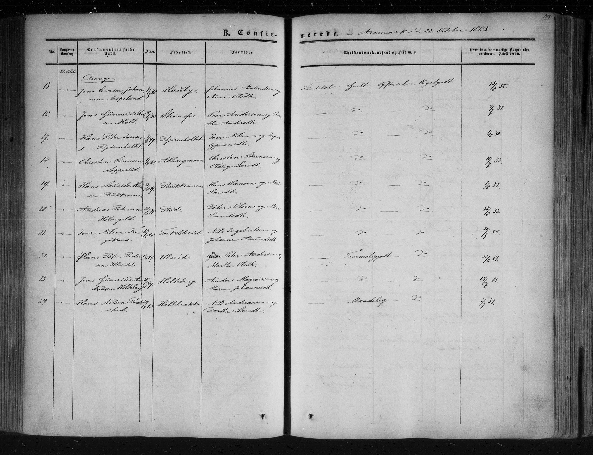 Aremark prestekontor Kirkebøker, AV/SAO-A-10899/F/Fc/L0003: Parish register (official) no. III 3, 1850-1865, p. 185