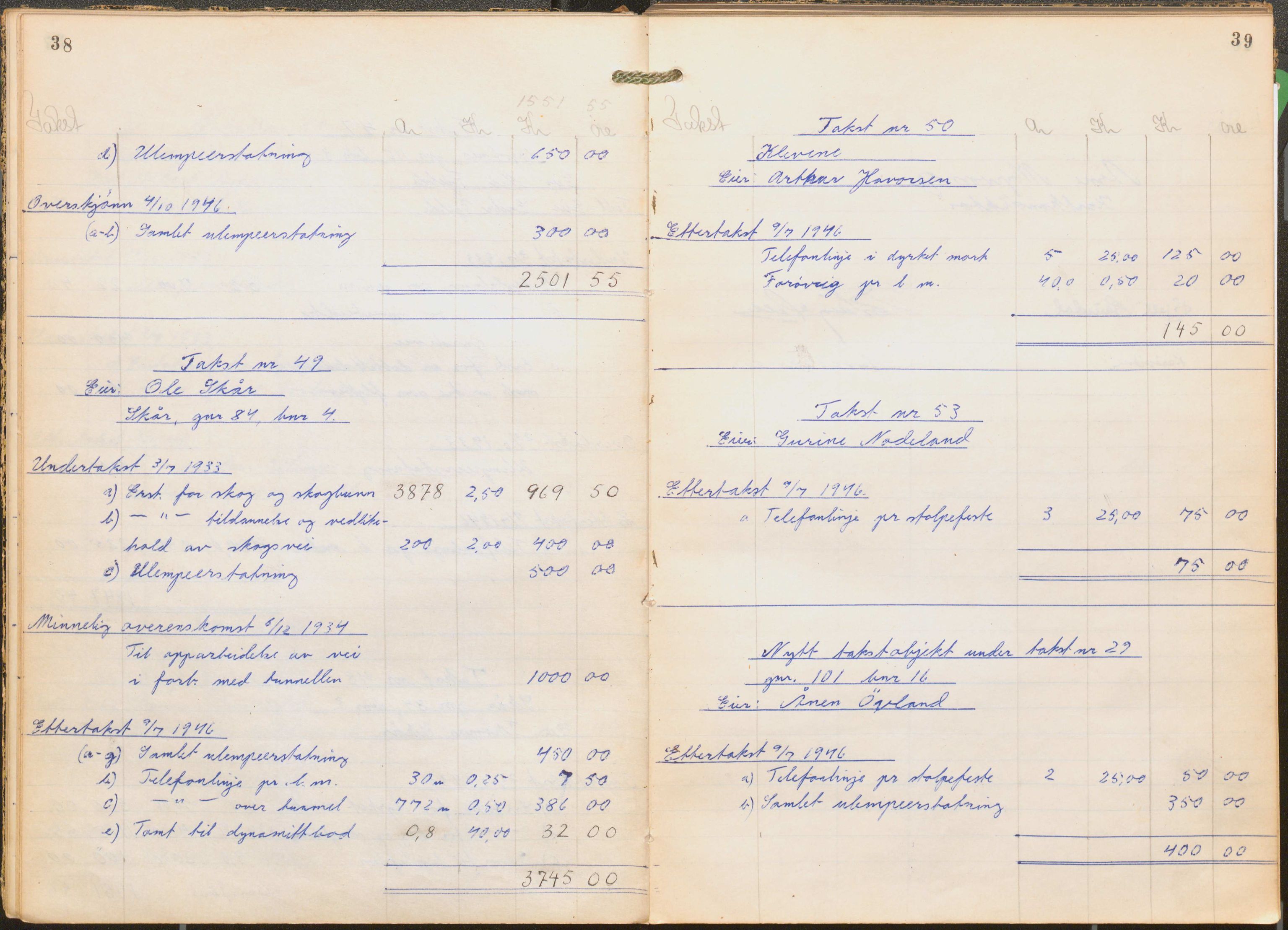 NSB Baneavdelingen, SAK/1821-0004/F/Fc/Fch/L0256/0003: Grunnerstatninger, målebrev / Kartkonduktørprotokoll for Kristiansand - Moi, 1. og 2. avd., 1947, p. 38-39