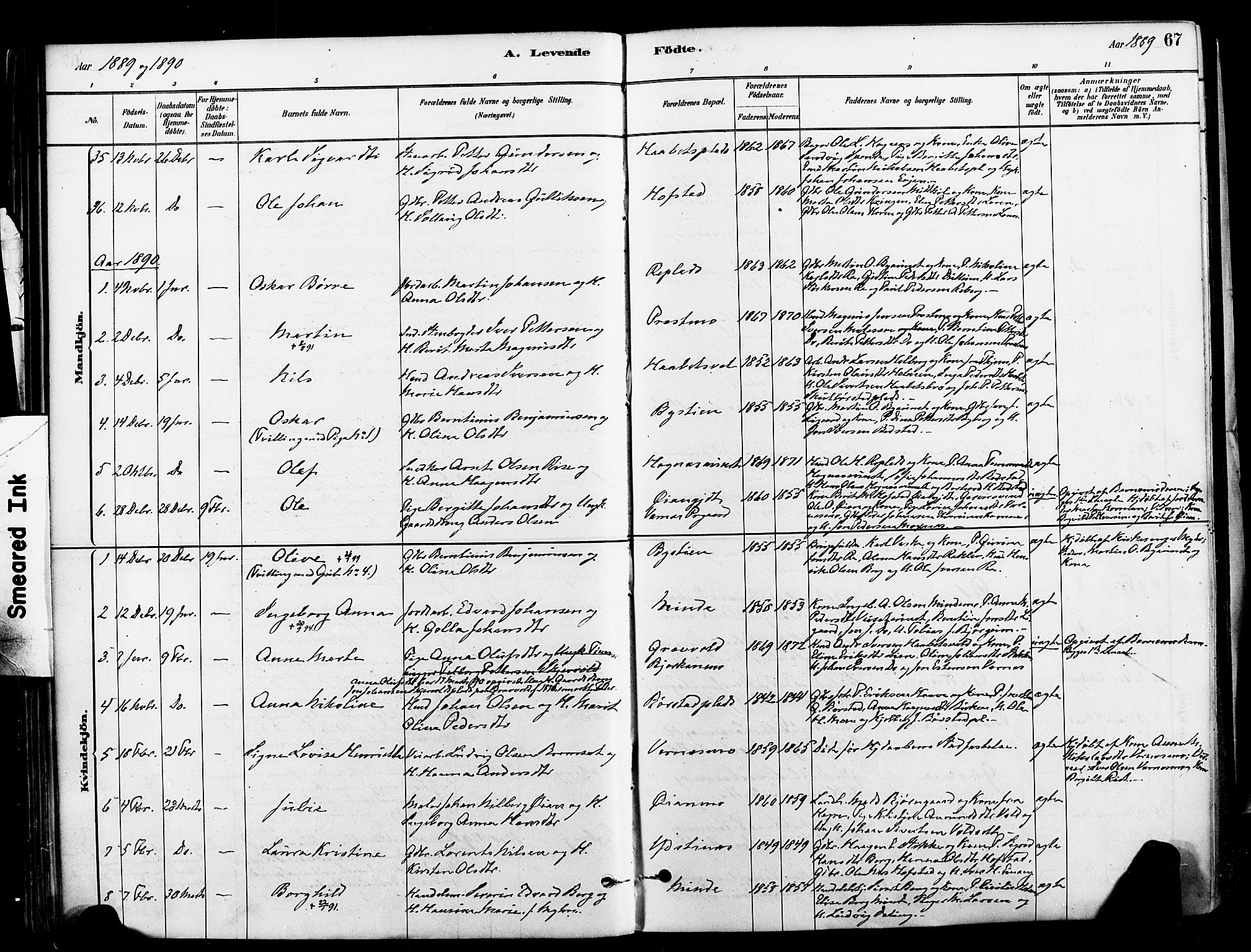 Ministerialprotokoller, klokkerbøker og fødselsregistre - Nord-Trøndelag, SAT/A-1458/709/L0077: Parish register (official) no. 709A17, 1880-1895, p. 67