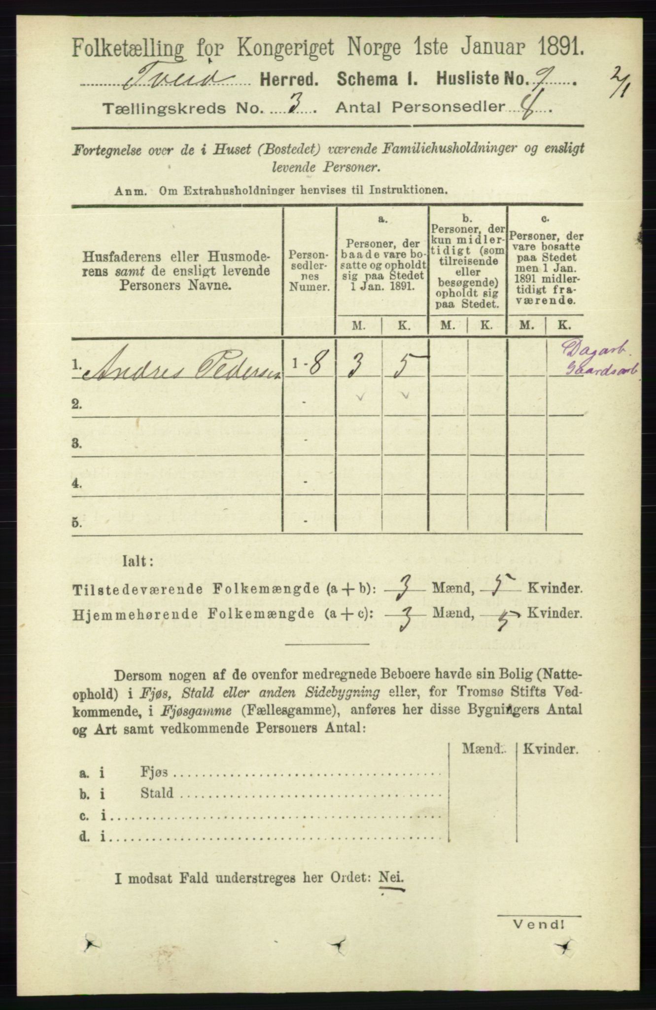 RA, 1891 census for 1013 Tveit, 1891, p. 1097