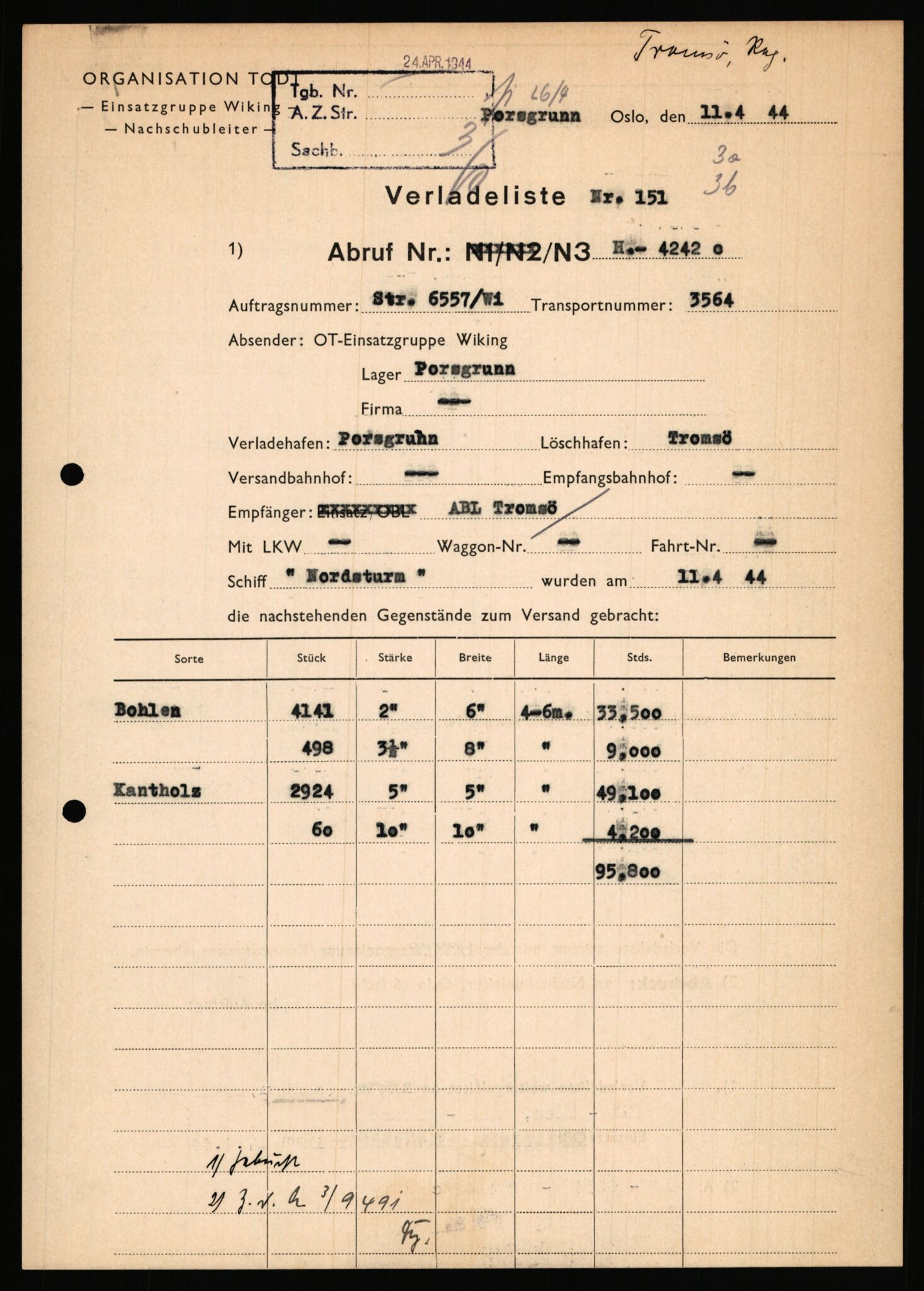 Tyske arkiver, Organisation Todt (OT), Einsatzgruppe Wiking, AV/RA-RAFA-2188/1/E/E6/E6c/L0007: Nachschub: Arkivkode 9451-9490, 1940-1945, p. 632