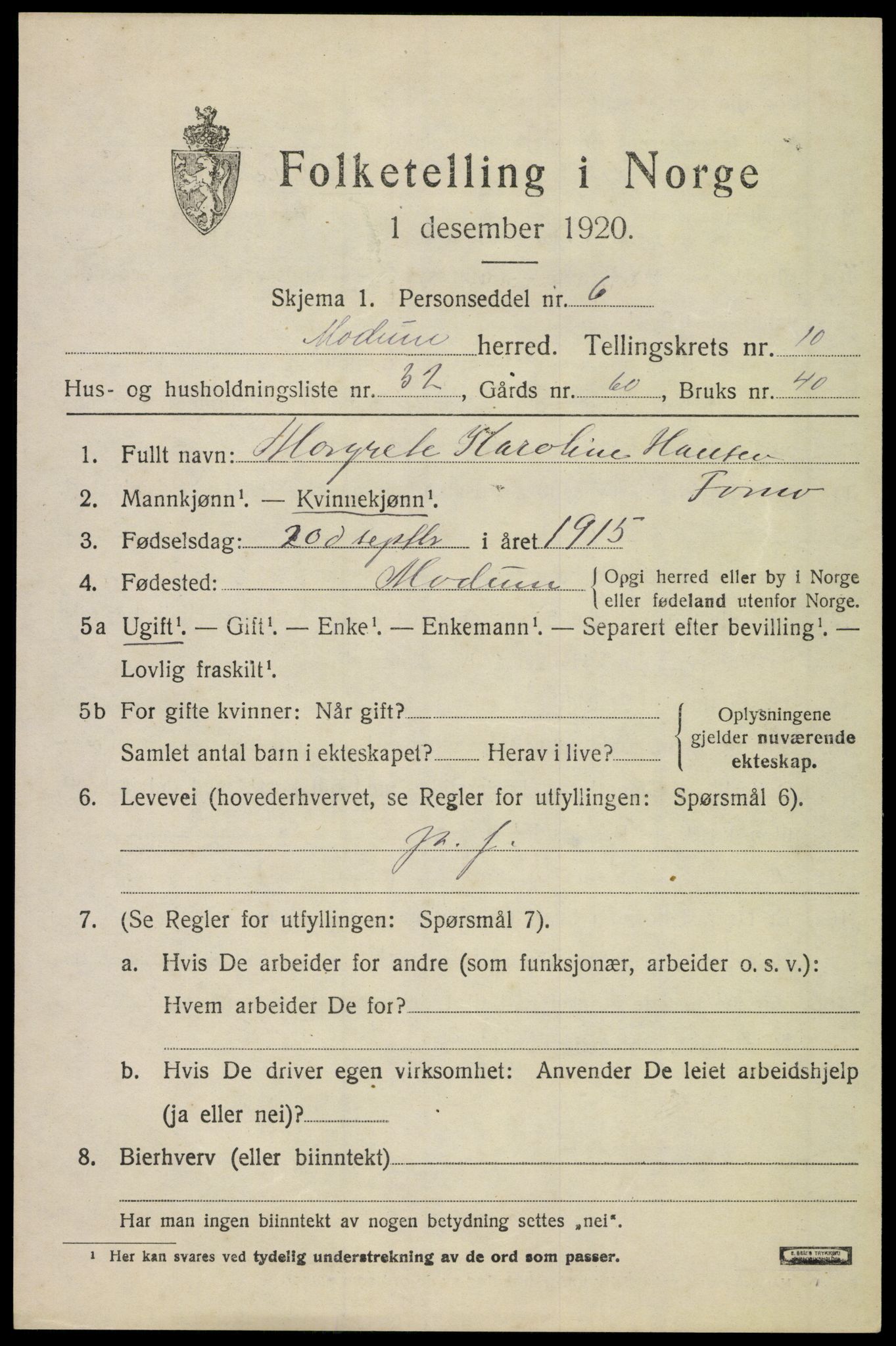 SAKO, 1920 census for Modum, 1920, p. 13289