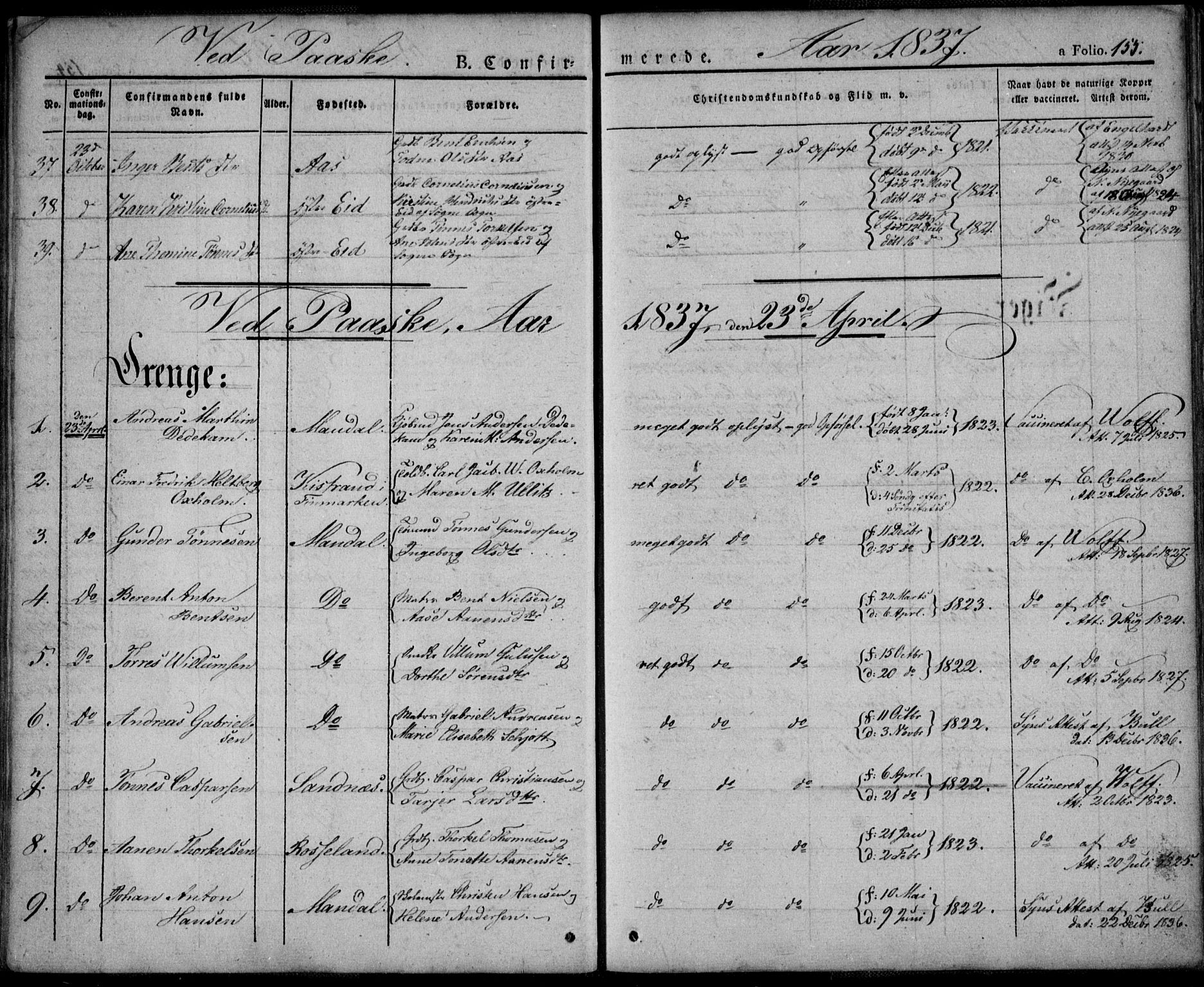 Mandal sokneprestkontor, SAK/1111-0030/F/Fa/Faa/L0011: Parish register (official) no. A 11, 1830-1839, p. 155