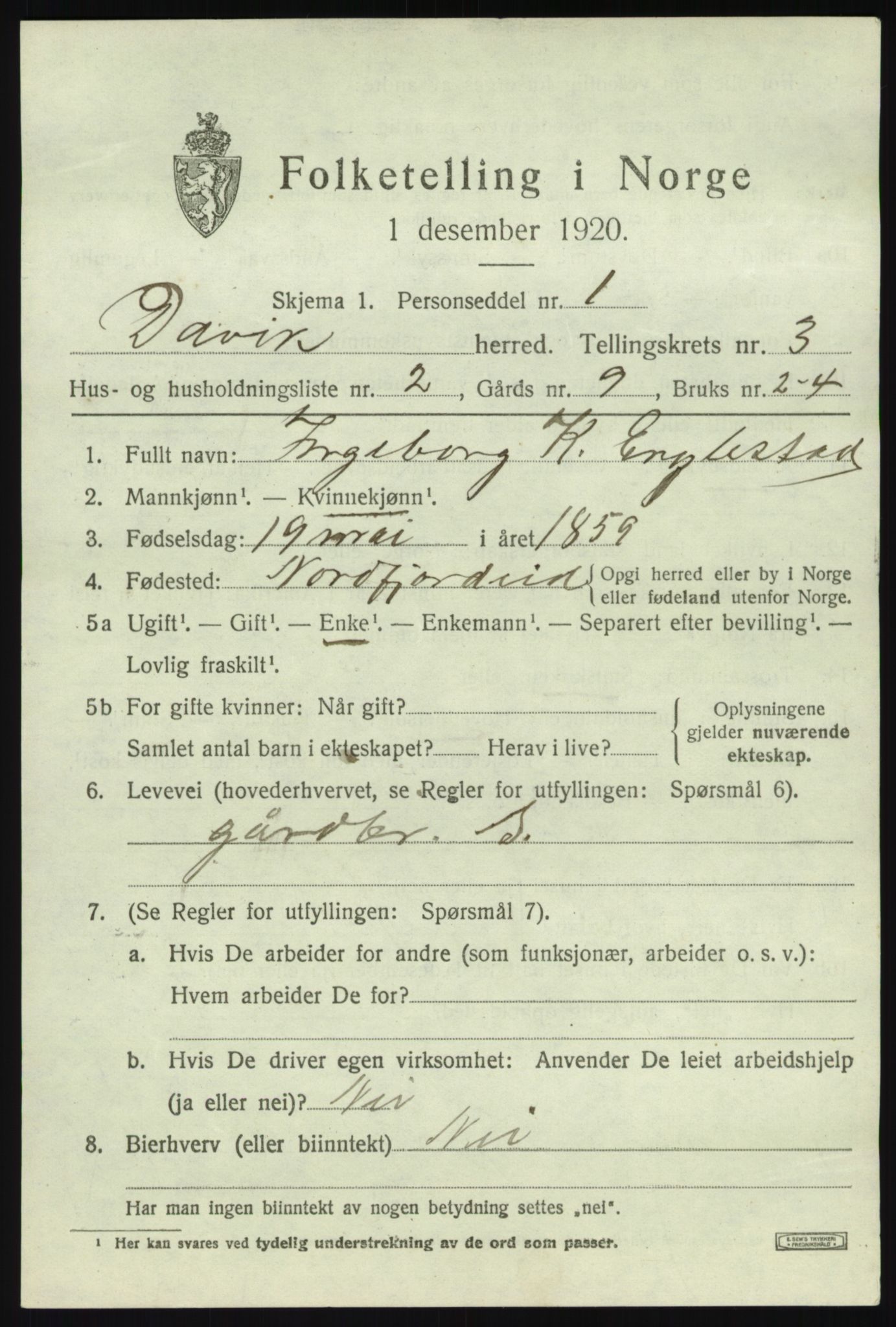 SAB, 1920 census for Davik, 1920, p. 1811