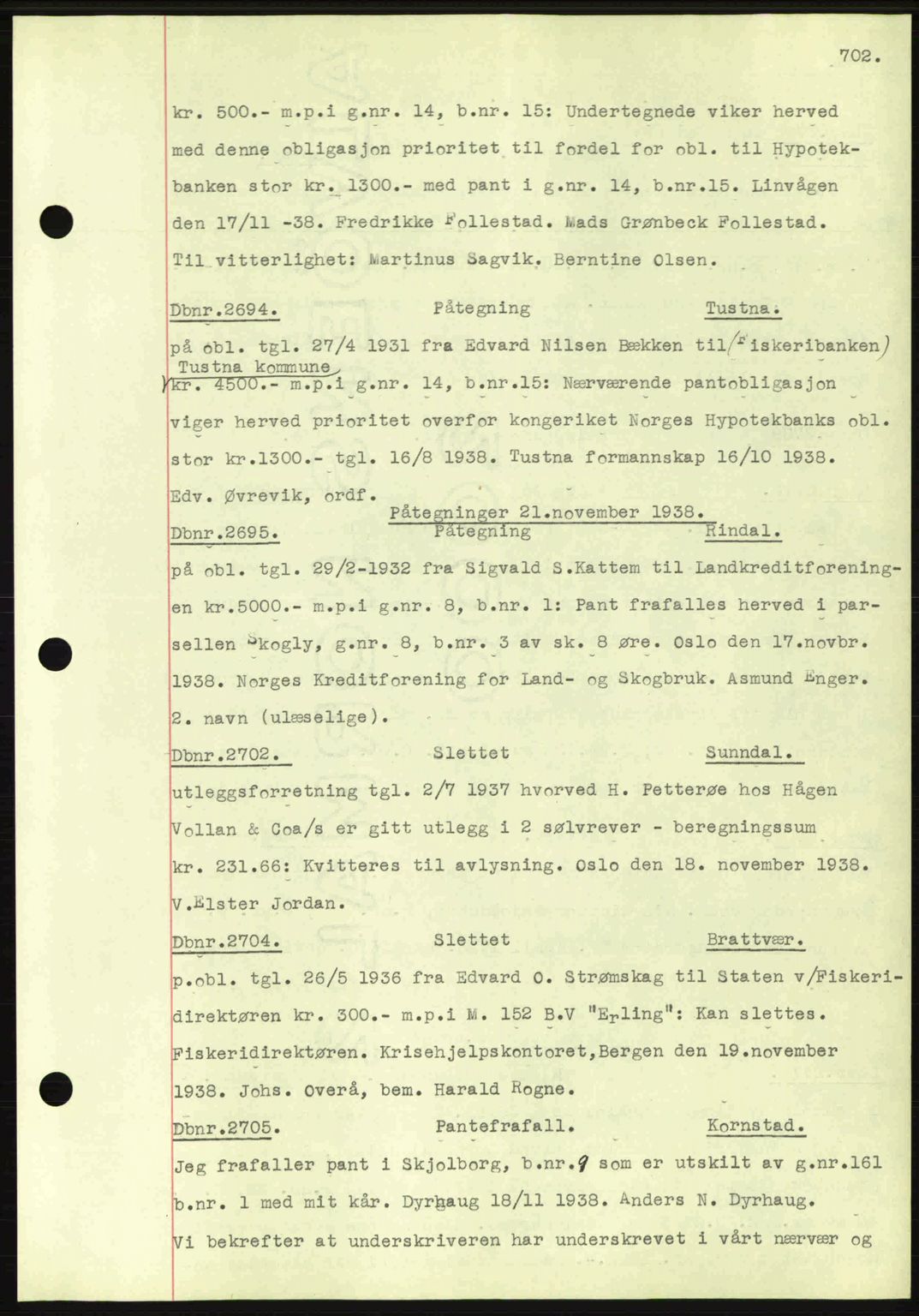 Nordmøre sorenskriveri, AV/SAT-A-4132/1/2/2Ca: Mortgage book no. C80, 1936-1939, Diary no: : 2694/1938