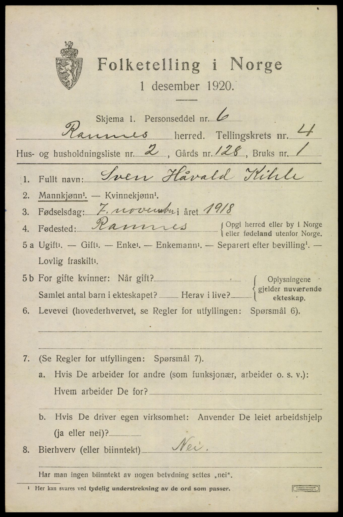 SAKO, 1920 census for Ramnes, 1920, p. 4342