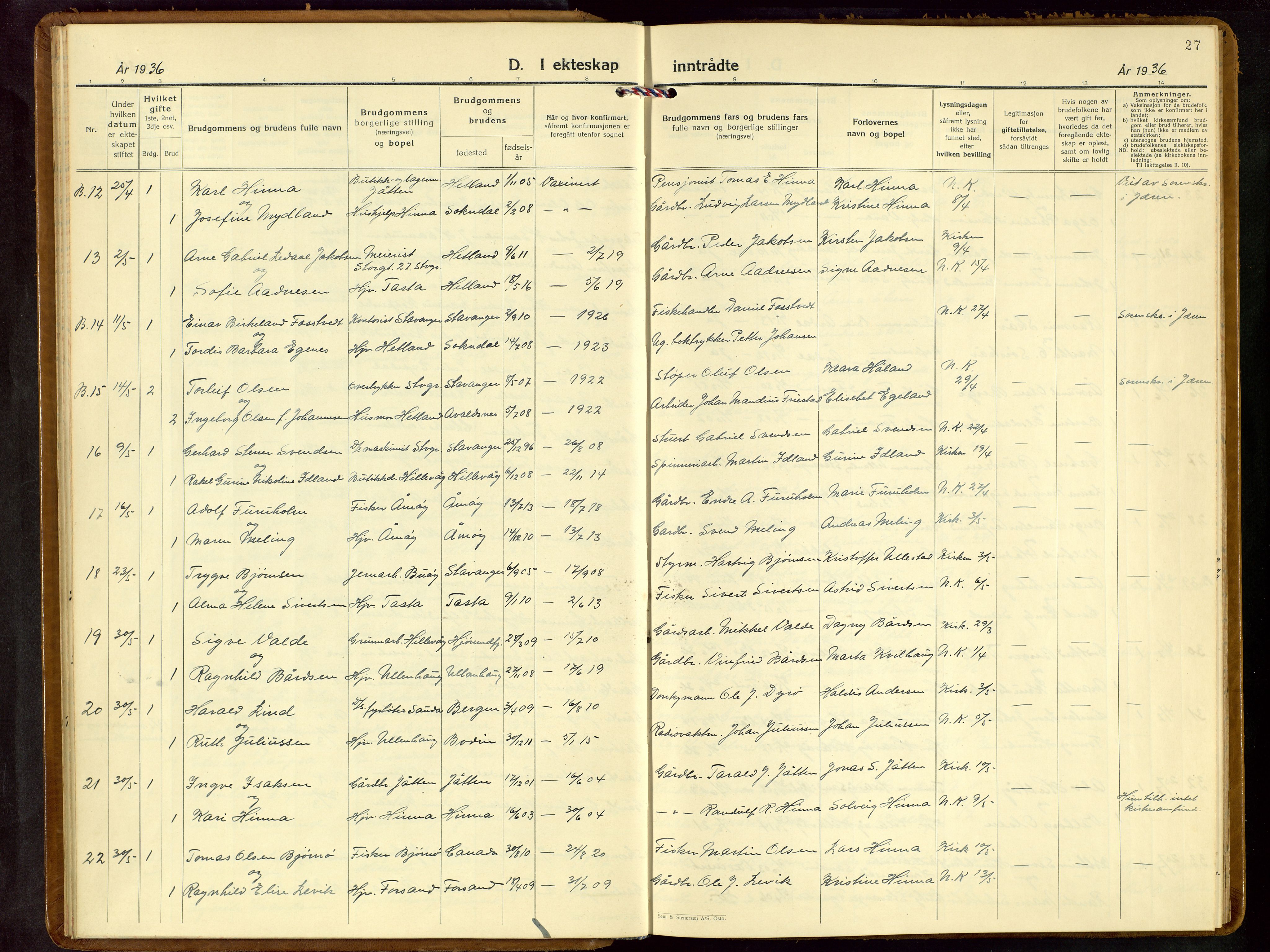 Hetland sokneprestkontor, SAST/A-101826/30/30BB/L0013: Parish register (copy) no. B 13, 1931-1952, p. 27