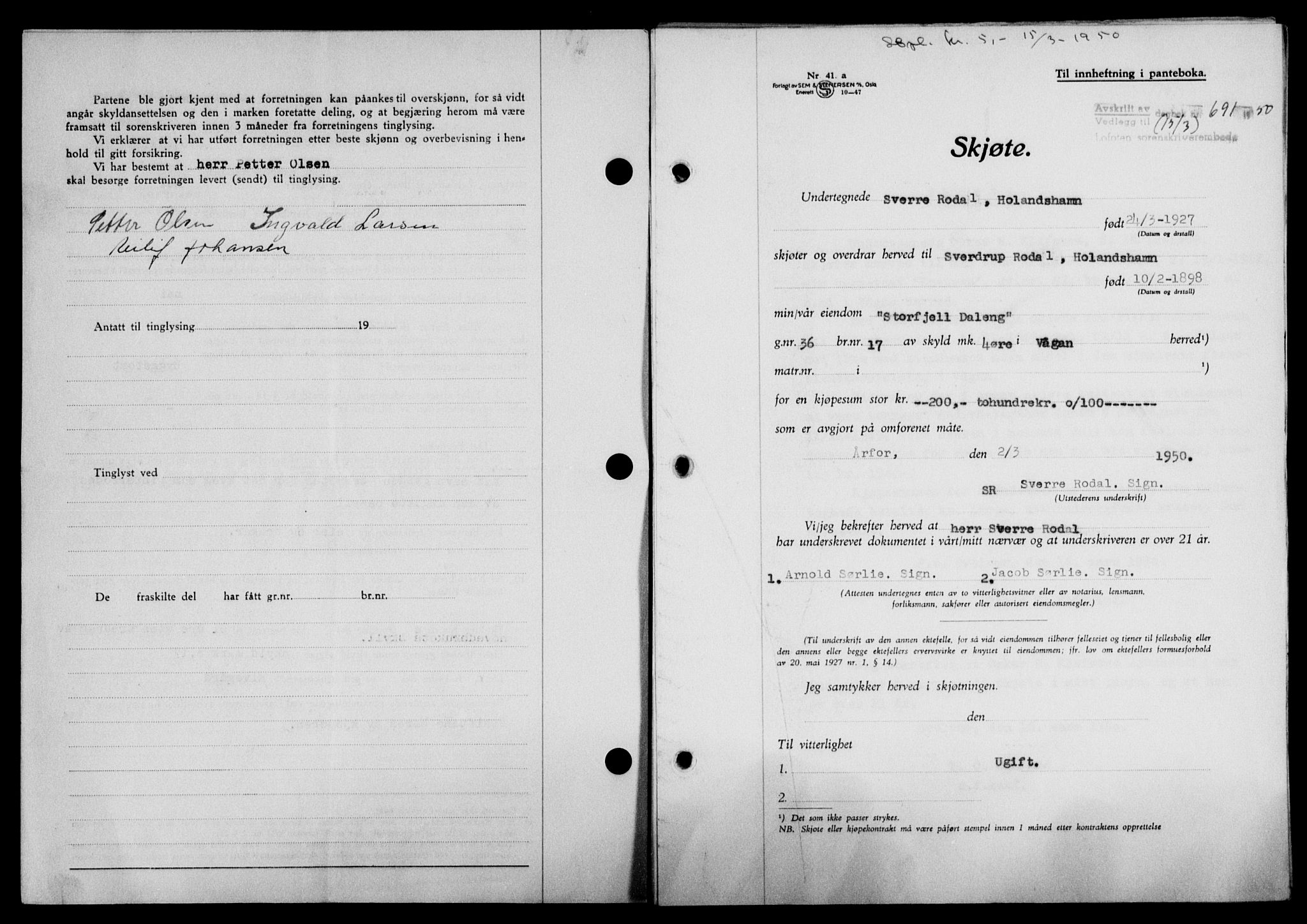 Lofoten sorenskriveri, SAT/A-0017/1/2/2C/L0023a: Mortgage book no. 23a, 1950-1950, Diary no: : 691/1950
