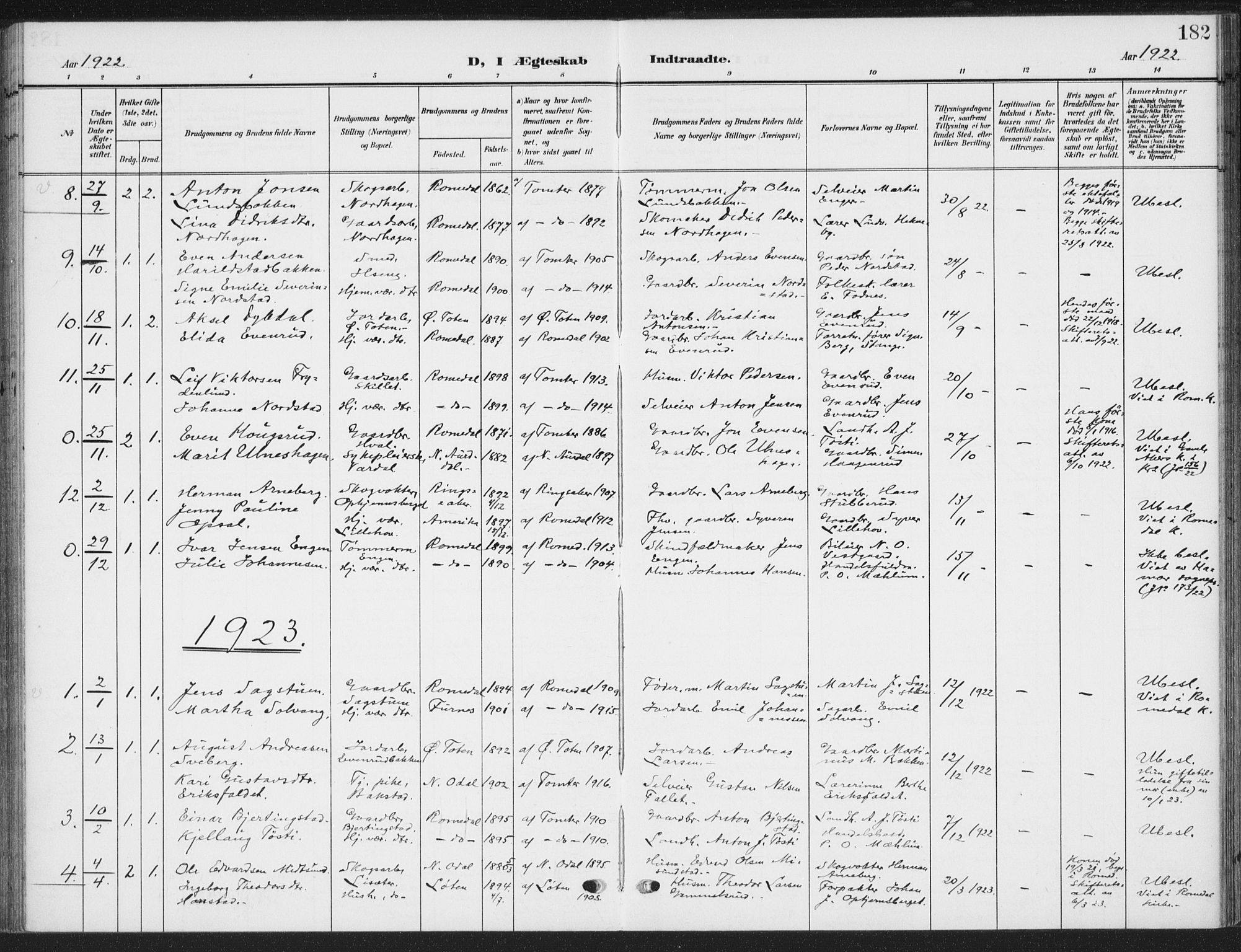 Romedal prestekontor, SAH/PREST-004/K/L0009: Parish register (official) no. 9, 1906-1929, p. 182