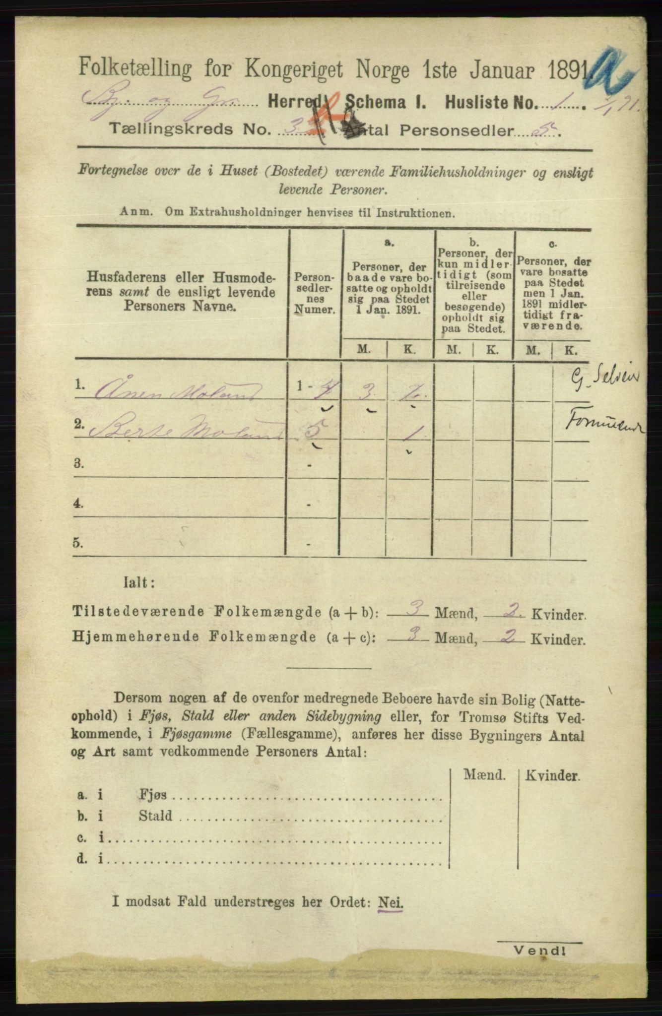 RA, 1891 census for 1024 Bjelland og Grindheim, 1891, p. 1406