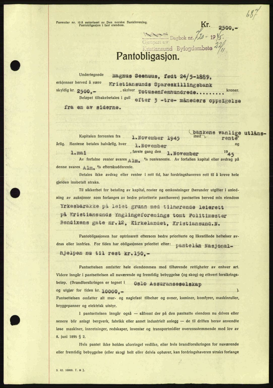 Kristiansund byfogd, SAT/A-4587/A/27: Mortgage book no. 37-38, 1943-1945, Diary no: : 720/1945