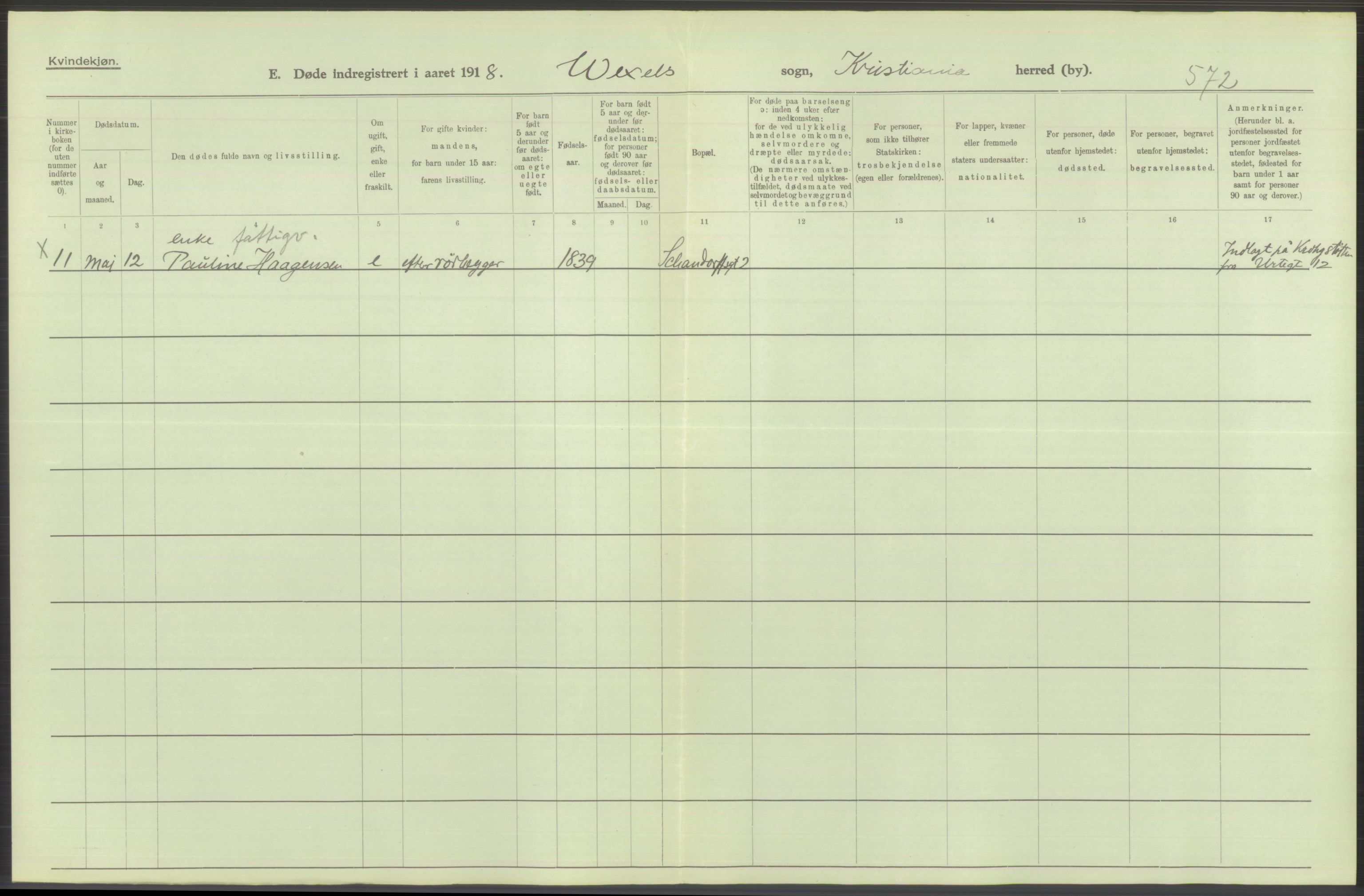 Statistisk sentralbyrå, Sosiodemografiske emner, Befolkning, AV/RA-S-2228/D/Df/Dfb/Dfbh/L0011: Kristiania: Døde, dødfødte, 1918, p. 424