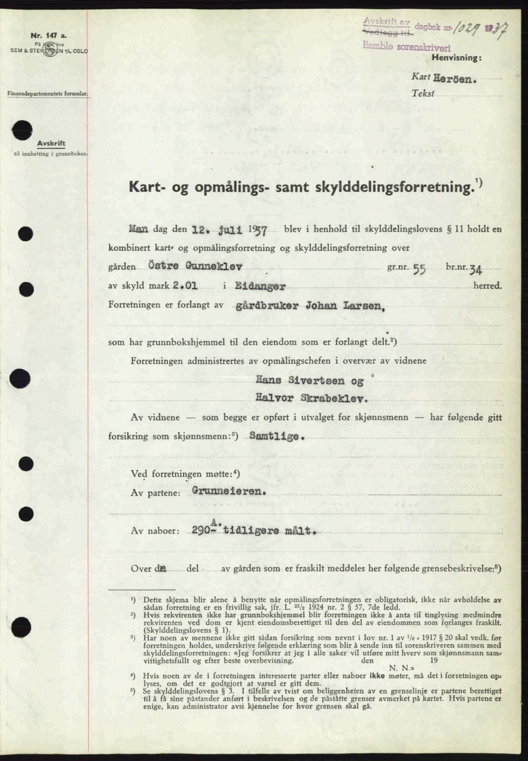 Bamble sorenskriveri, AV/SAKO-A-214/G/Ga/Gag/L0002: Mortgage book no. A-2, 1937-1938, Diary no: : 1029/1937