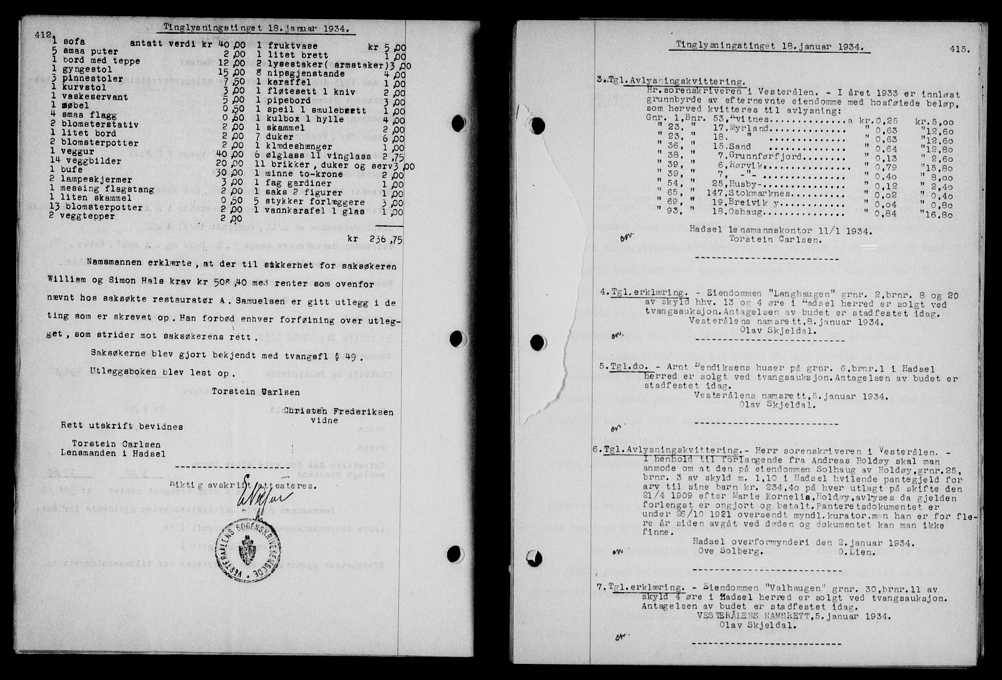 Vesterålen sorenskriveri, SAT/A-4180/1/2/2Ca/L0059: Mortgage book no. 52, 1933-1934, Deed date: 18.01.1934