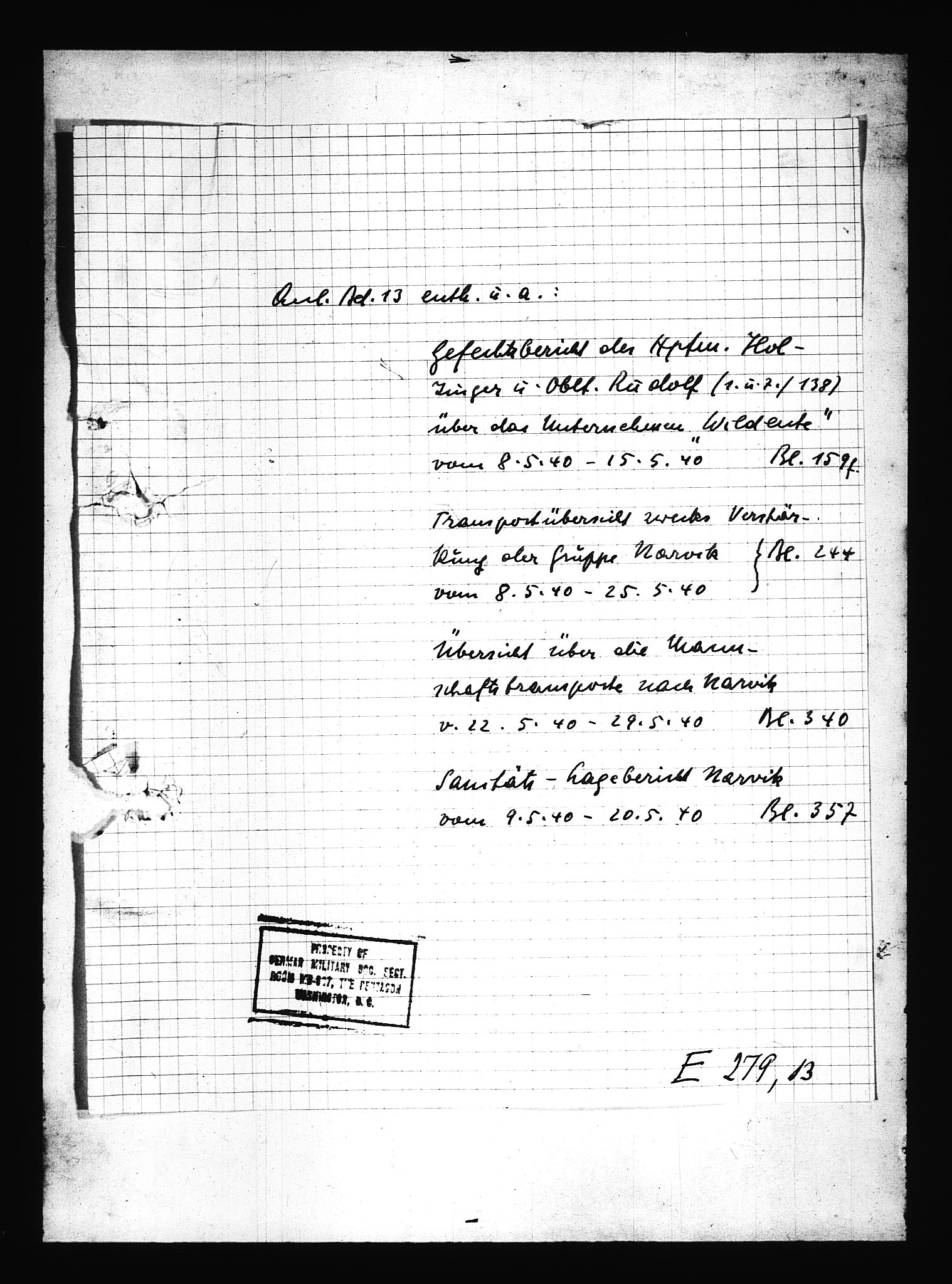 Documents Section, RA/RAFA-2200/V/L0080: Amerikansk mikrofilm "Captured German Documents".
Box No. 719.  FKA jnr. 619/1954., 1940, p. 153