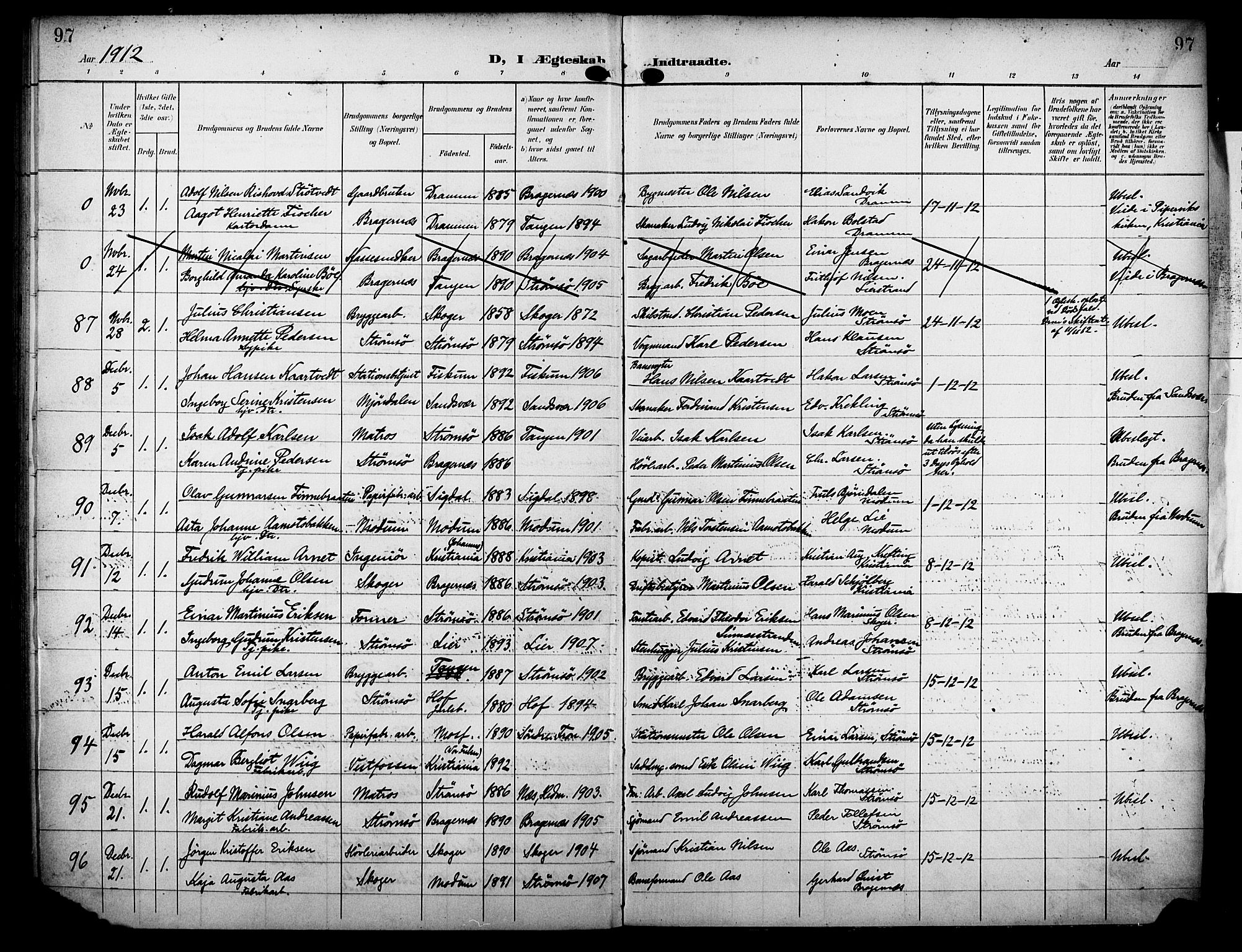 Strømsø kirkebøker, AV/SAKO-A-246/F/Fa/L0024: Parish register (official) no. I 24, 1899-1912, p. 97