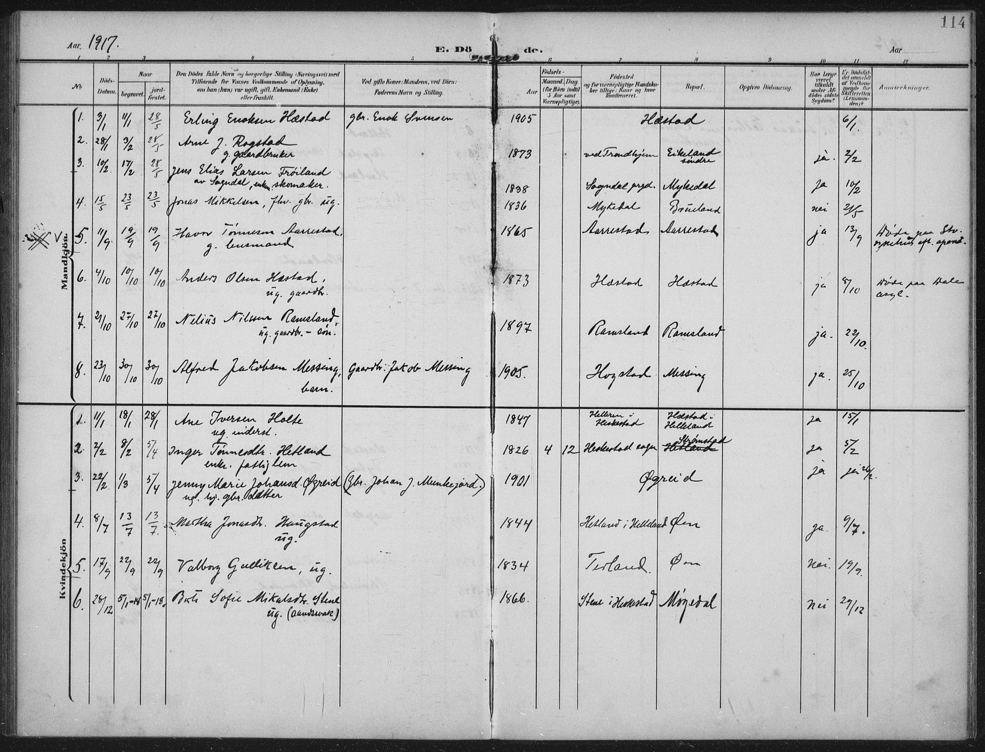 Helleland sokneprestkontor, AV/SAST-A-101810: Parish register (official) no. A 12, 1906-1923, p. 114