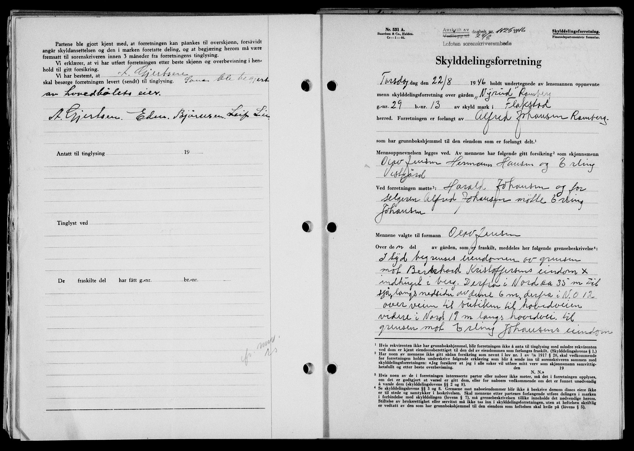 Lofoten sorenskriveri, SAT/A-0017/1/2/2C/L0014a: Mortgage book no. 14a, 1946-1946, Diary no: : 1125/1946