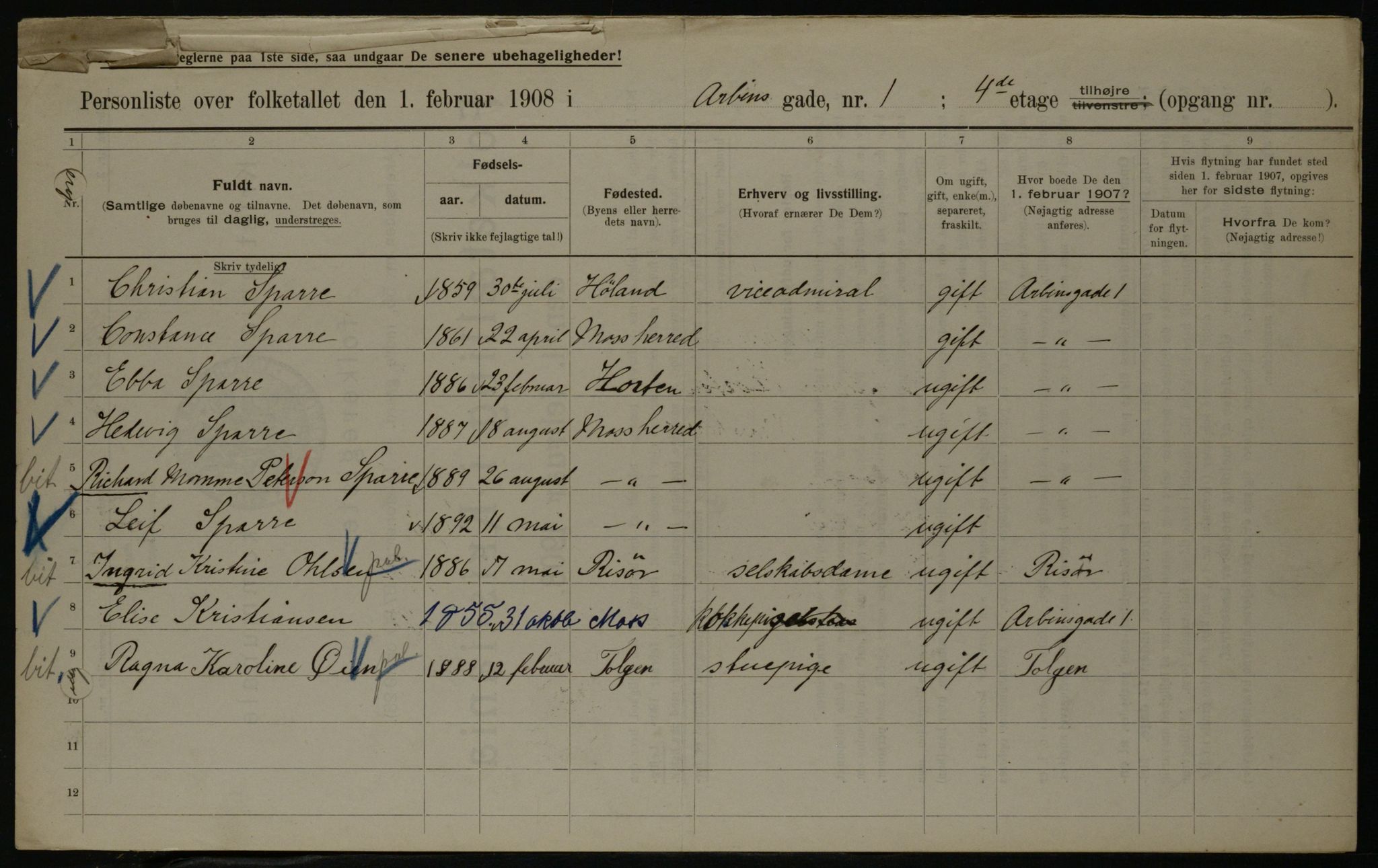 OBA, Municipal Census 1908 for Kristiania, 1908, p. 1755