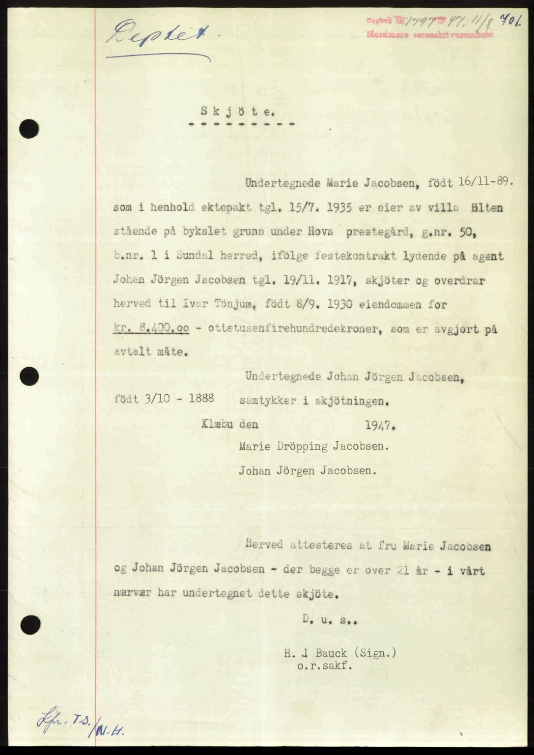 Nordmøre sorenskriveri, AV/SAT-A-4132/1/2/2Ca: Mortgage book no. A105, 1947-1947, Diary no: : 1797/1947