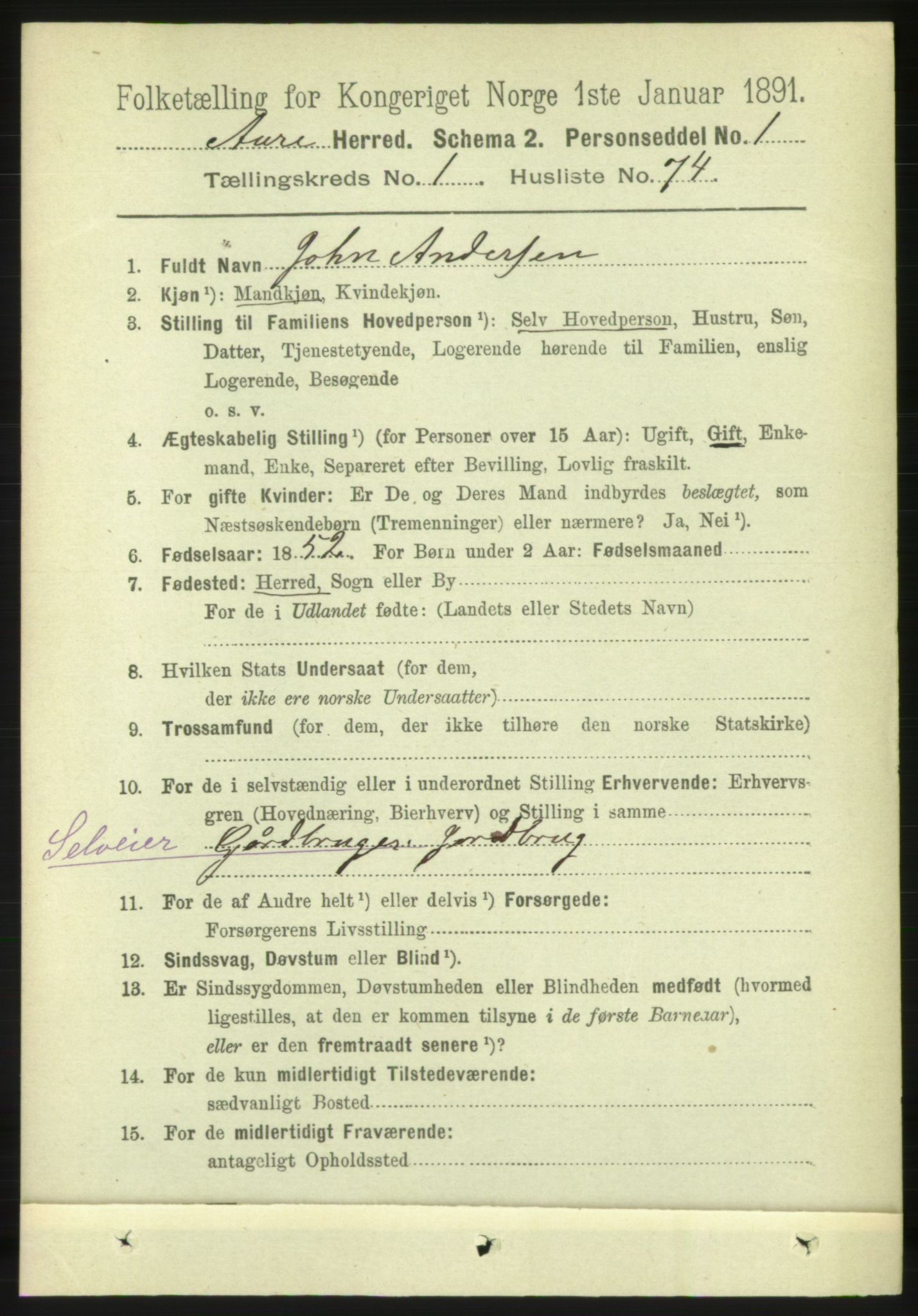 RA, 1891 census for 1569 Aure, 1891, p. 629