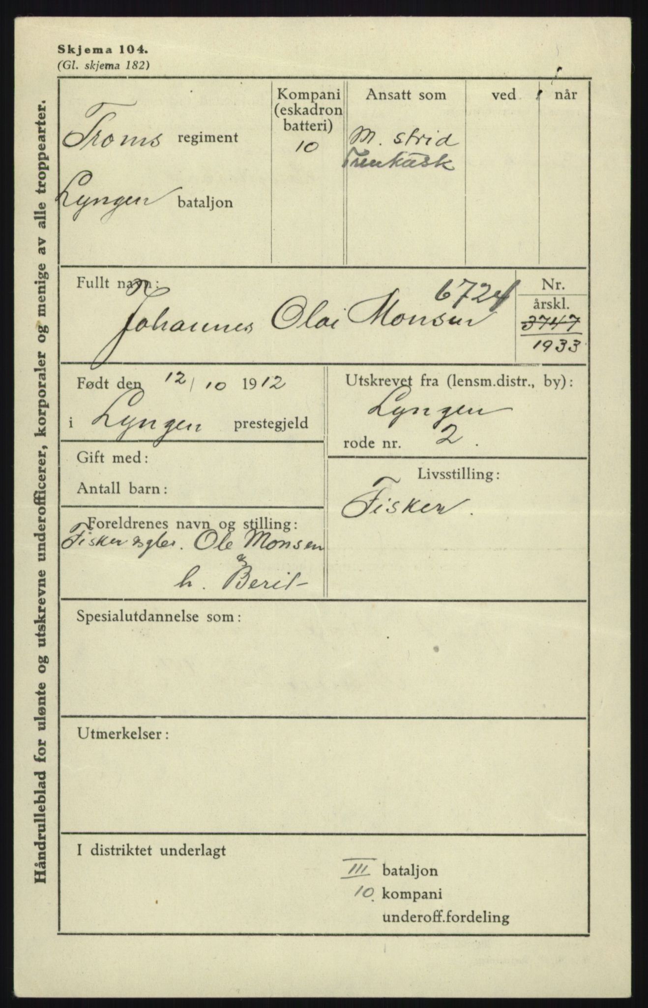 Forsvaret, Troms infanteriregiment nr. 16, AV/RA-RAFA-3146/P/Pa/L0017: Rulleblad for regimentets menige mannskaper, årsklasse 1933, 1933, p. 839