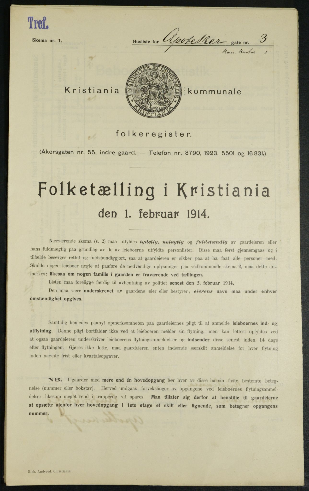 OBA, Municipal Census 1914 for Kristiania, 1914, p. 1422