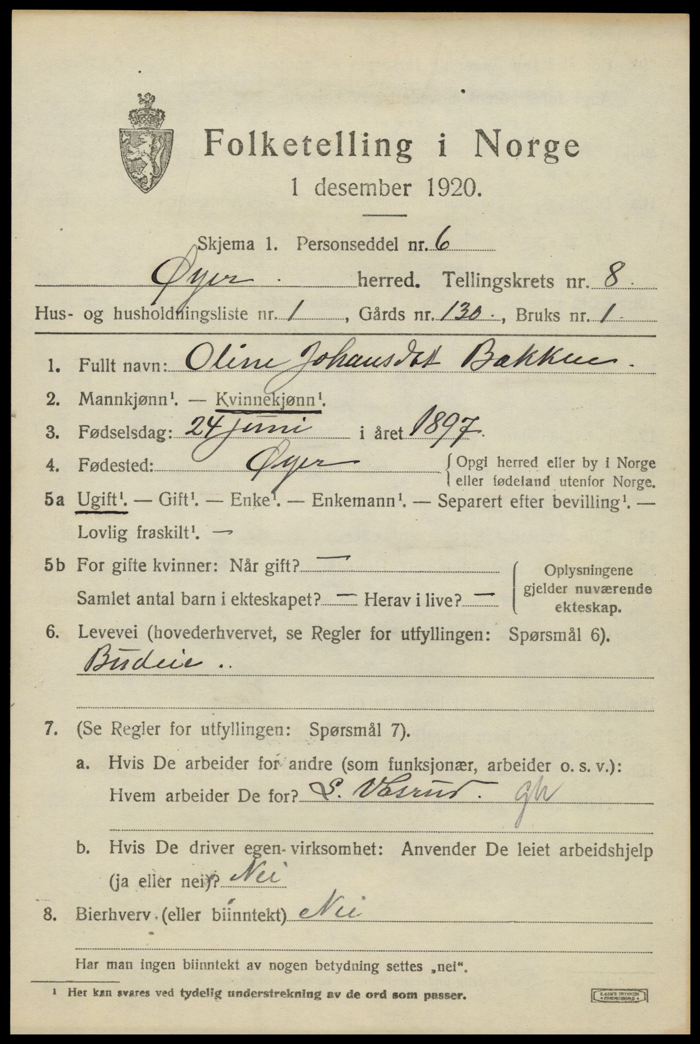 SAH, 1920 census for Øyer, 1920, p. 6720