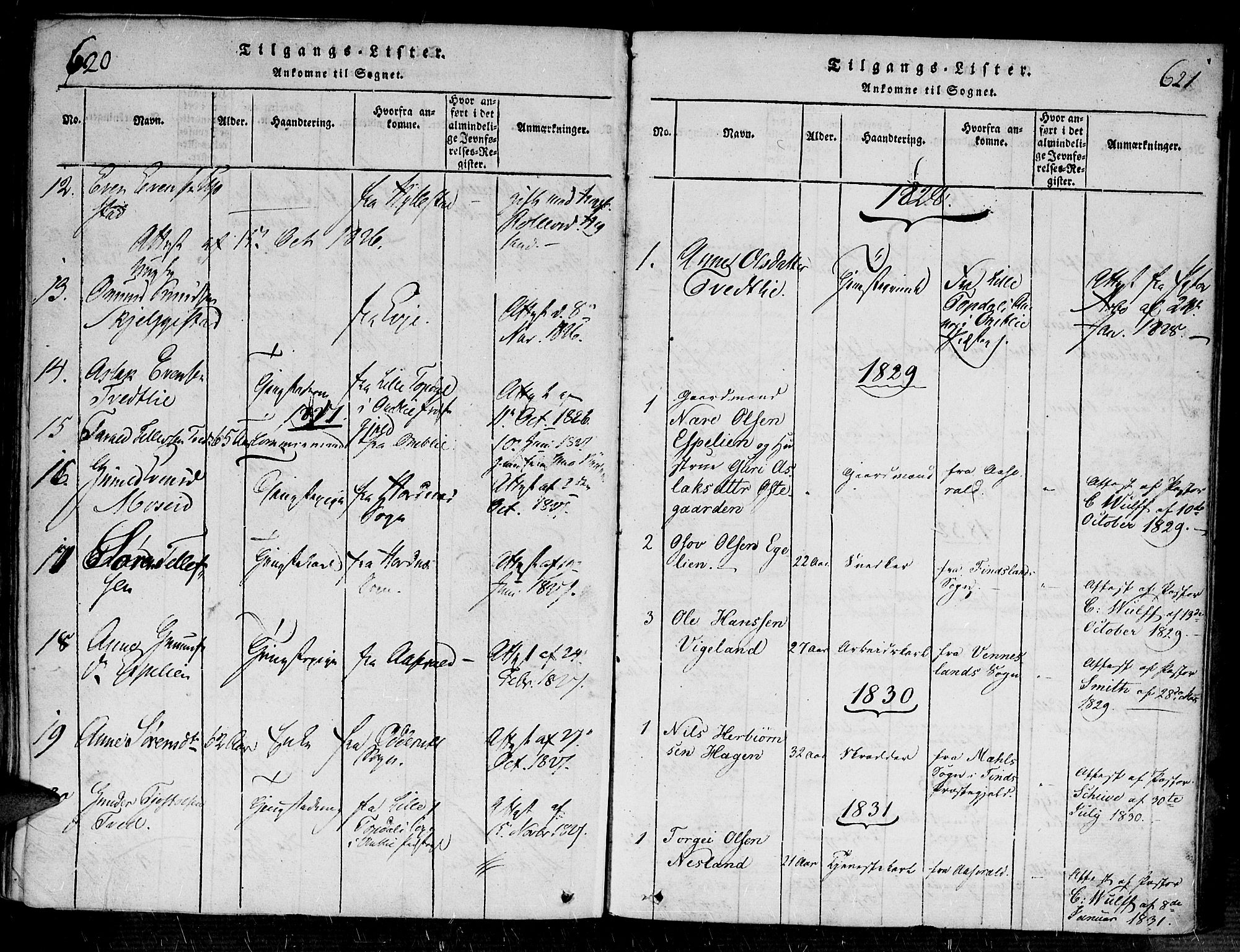 Bygland sokneprestkontor, SAK/1111-0006/F/Fa/Fab/L0003: Parish register (official) no. A 3, 1816-1841, p. 620-621