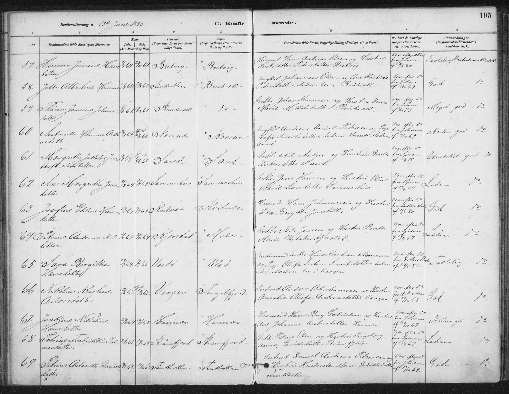 Ministerialprotokoller, klokkerbøker og fødselsregistre - Nordland, AV/SAT-A-1459/888/L1244: Parish register (official) no. 888A10, 1880-1890, p. 195