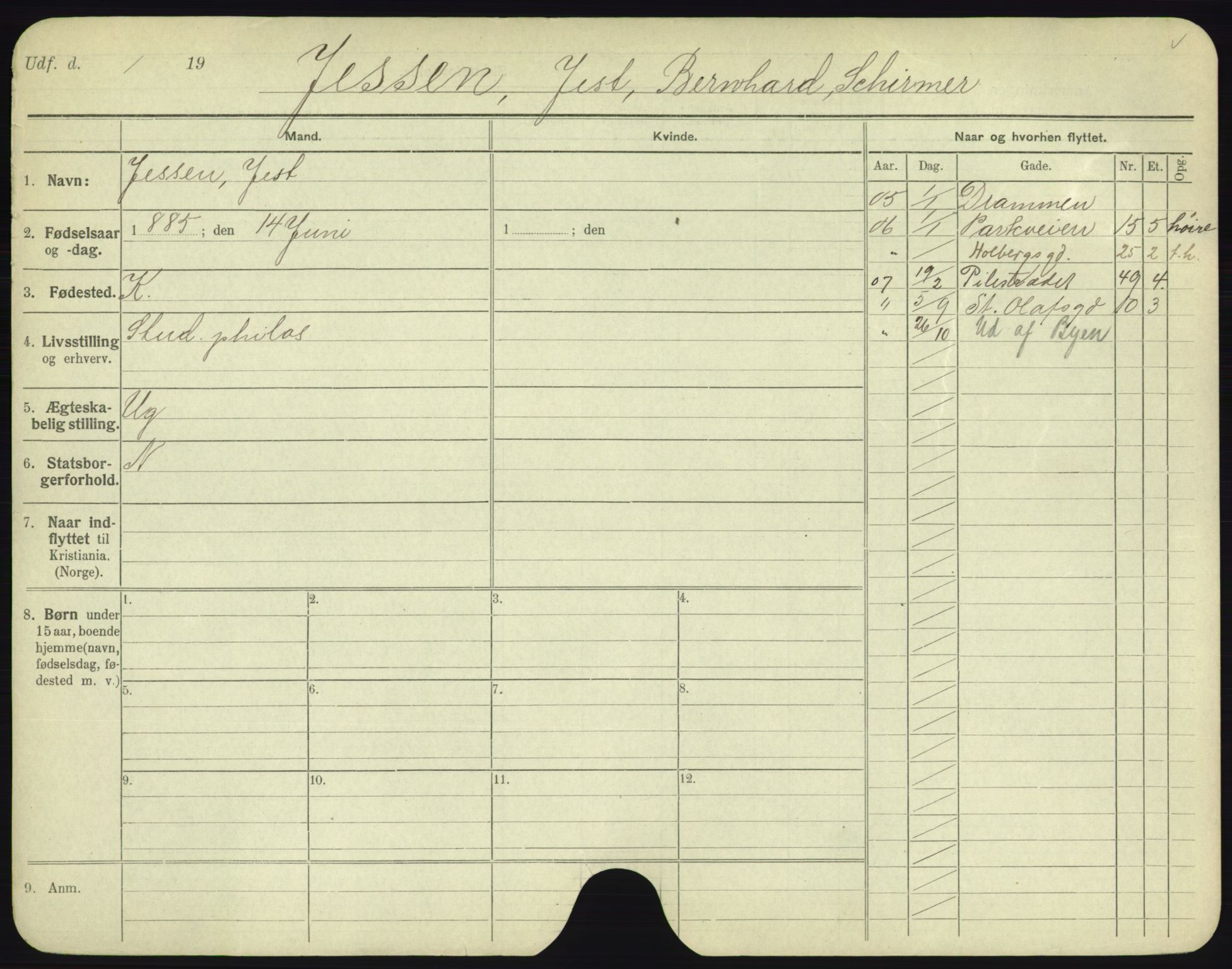 Oslo folkeregister, Registerkort, SAO/A-11715/F/Fa/Fac/L0005: Menn, 1906-1914, p. 401a