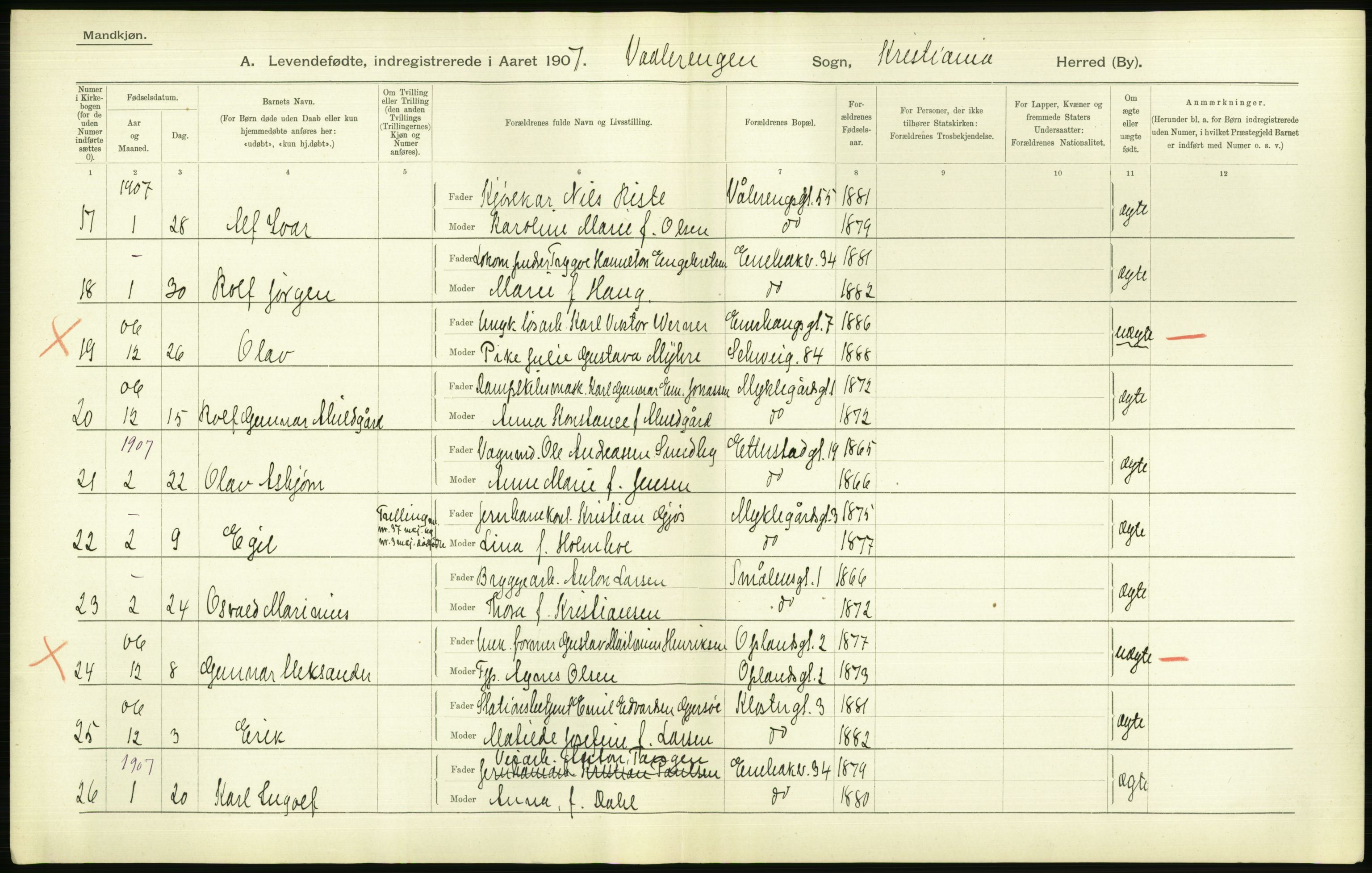 Statistisk sentralbyrå, Sosiodemografiske emner, Befolkning, AV/RA-S-2228/D/Df/Dfa/Dfae/L0007: Kristiania: Levendefødte menn og kvinner., 1907, p. 614