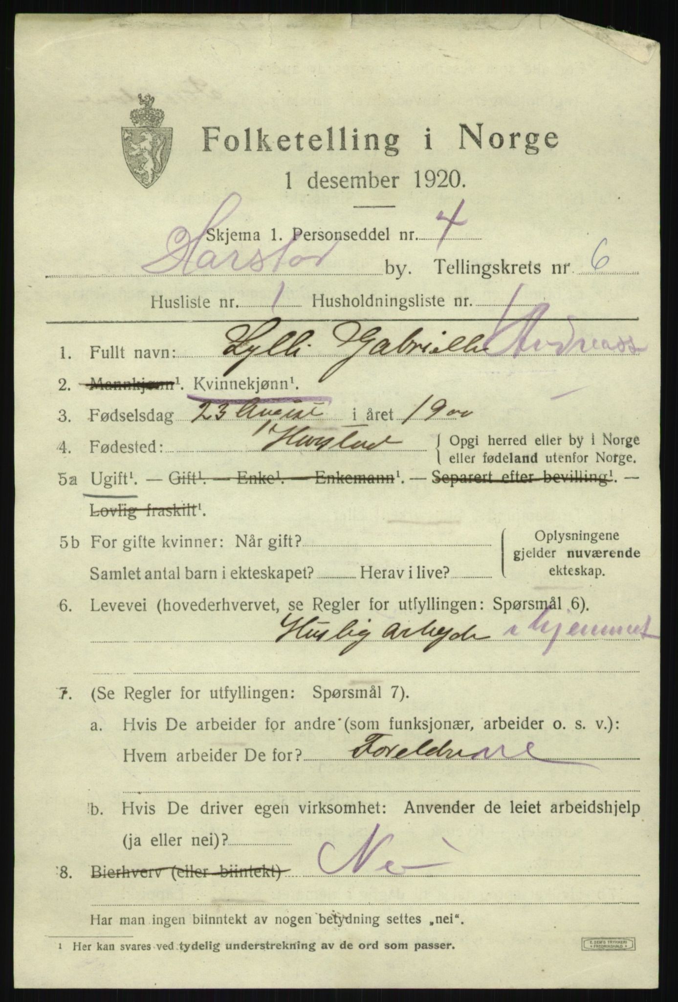 SATØ, 1920 census for Harstad, 1920, p. 7434