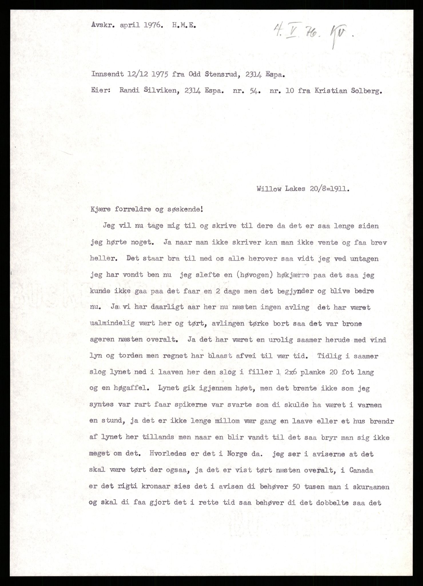 Samlinger til kildeutgivelse, Amerikabrevene, AV/RA-EA-4057/F/L0009: Innlån fra Hedmark: Statsarkivet i Hamar - Wærenskjold, 1838-1914, p. 524