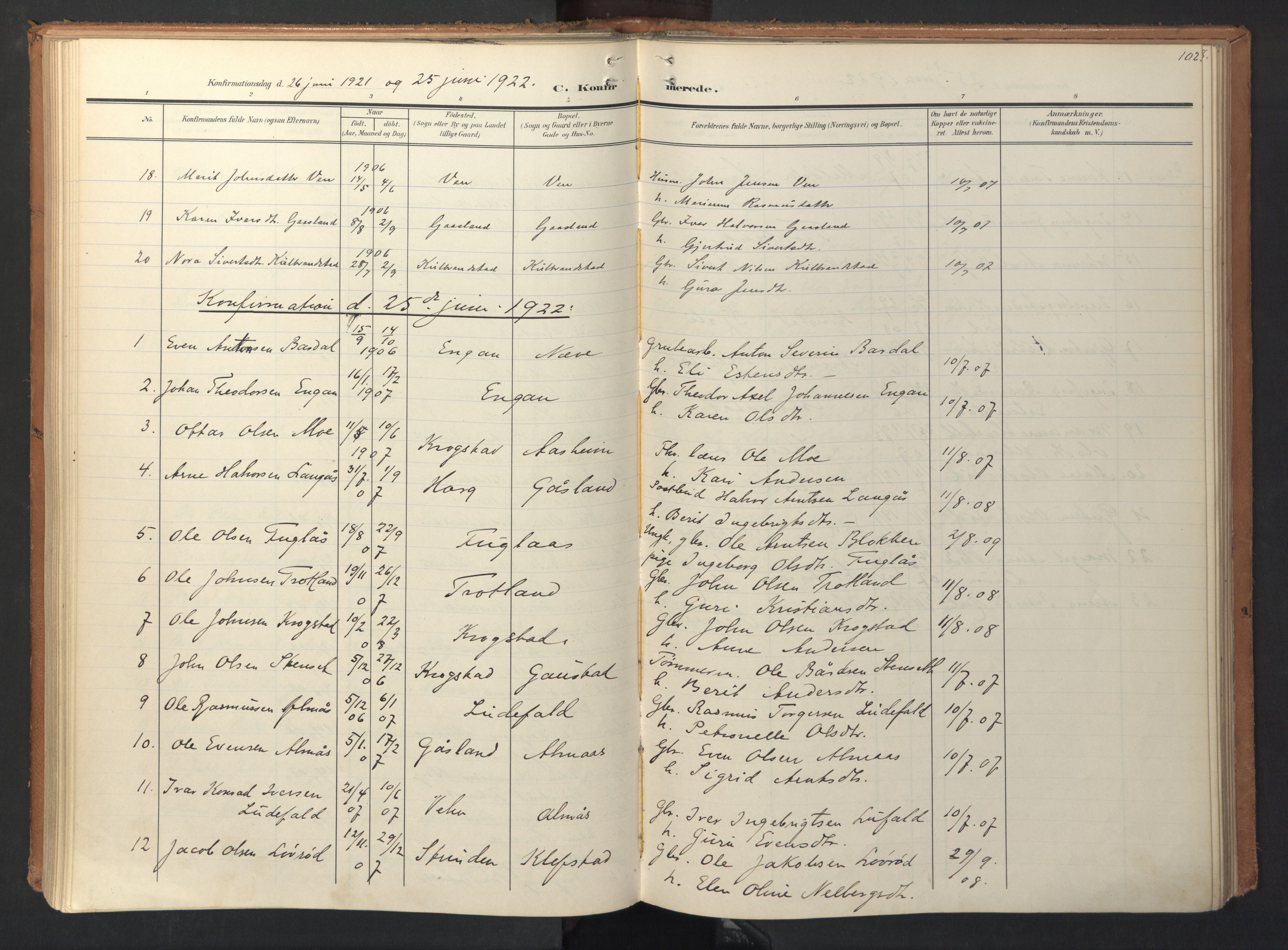 Ministerialprotokoller, klokkerbøker og fødselsregistre - Sør-Trøndelag, SAT/A-1456/694/L1128: Parish register (official) no. 694A02, 1906-1931, p. 102