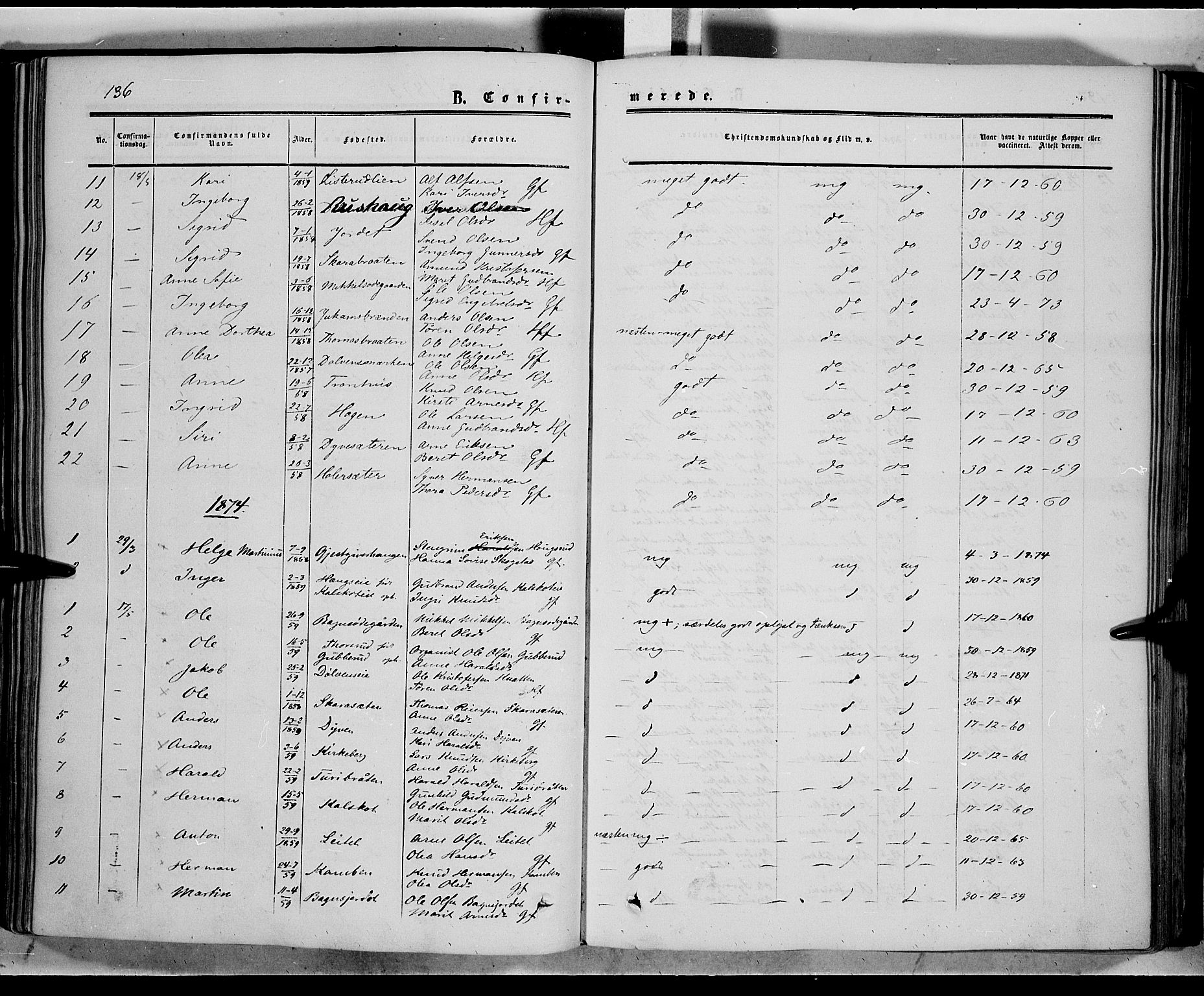 Sør-Aurdal prestekontor, SAH/PREST-128/H/Ha/Haa/L0005: Parish register (official) no. 5, 1849-1876, p. 136