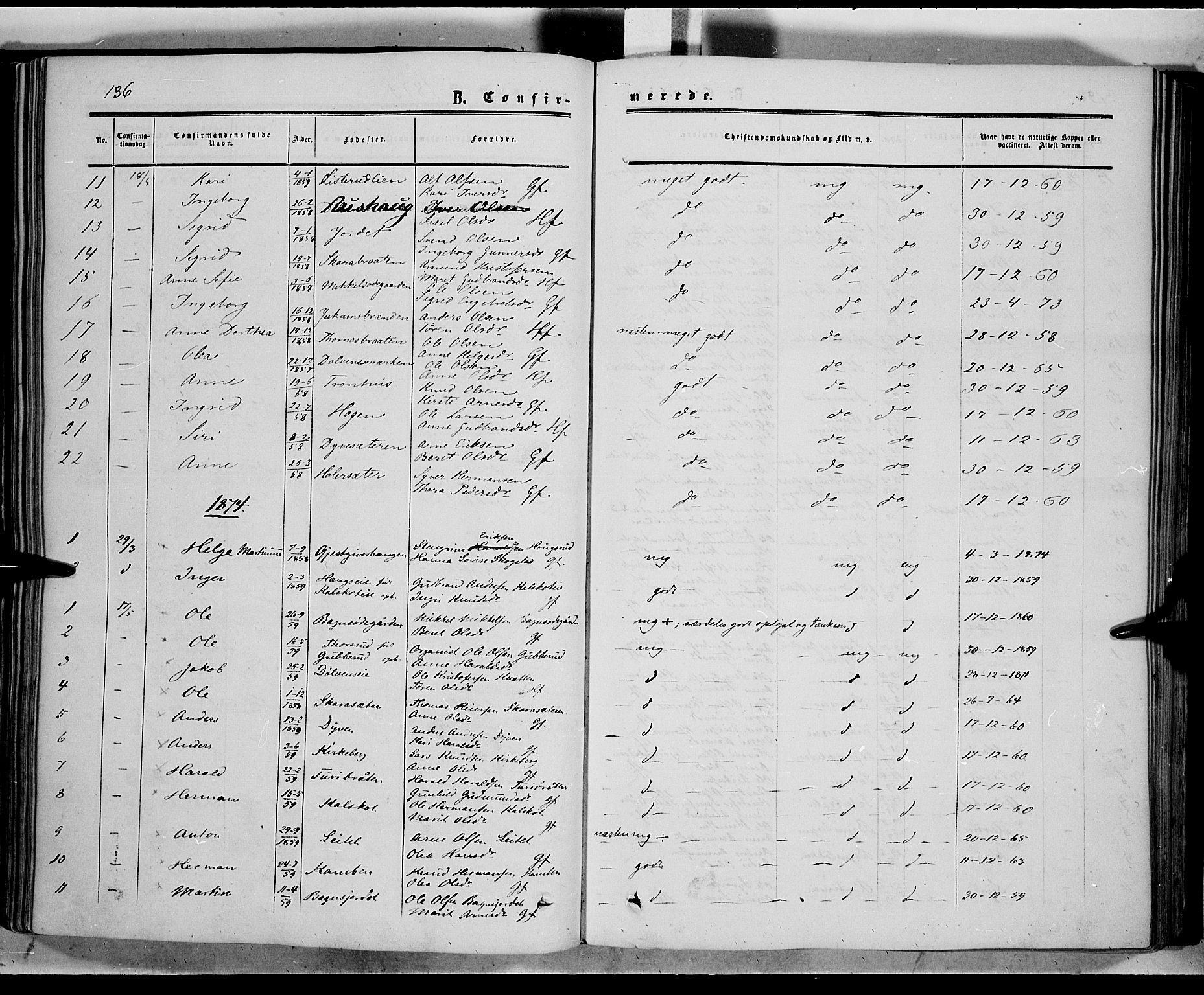 Sør-Aurdal prestekontor, AV/SAH-PREST-128/H/Ha/Haa/L0005: Parish register (official) no. 5, 1849-1876, p. 136