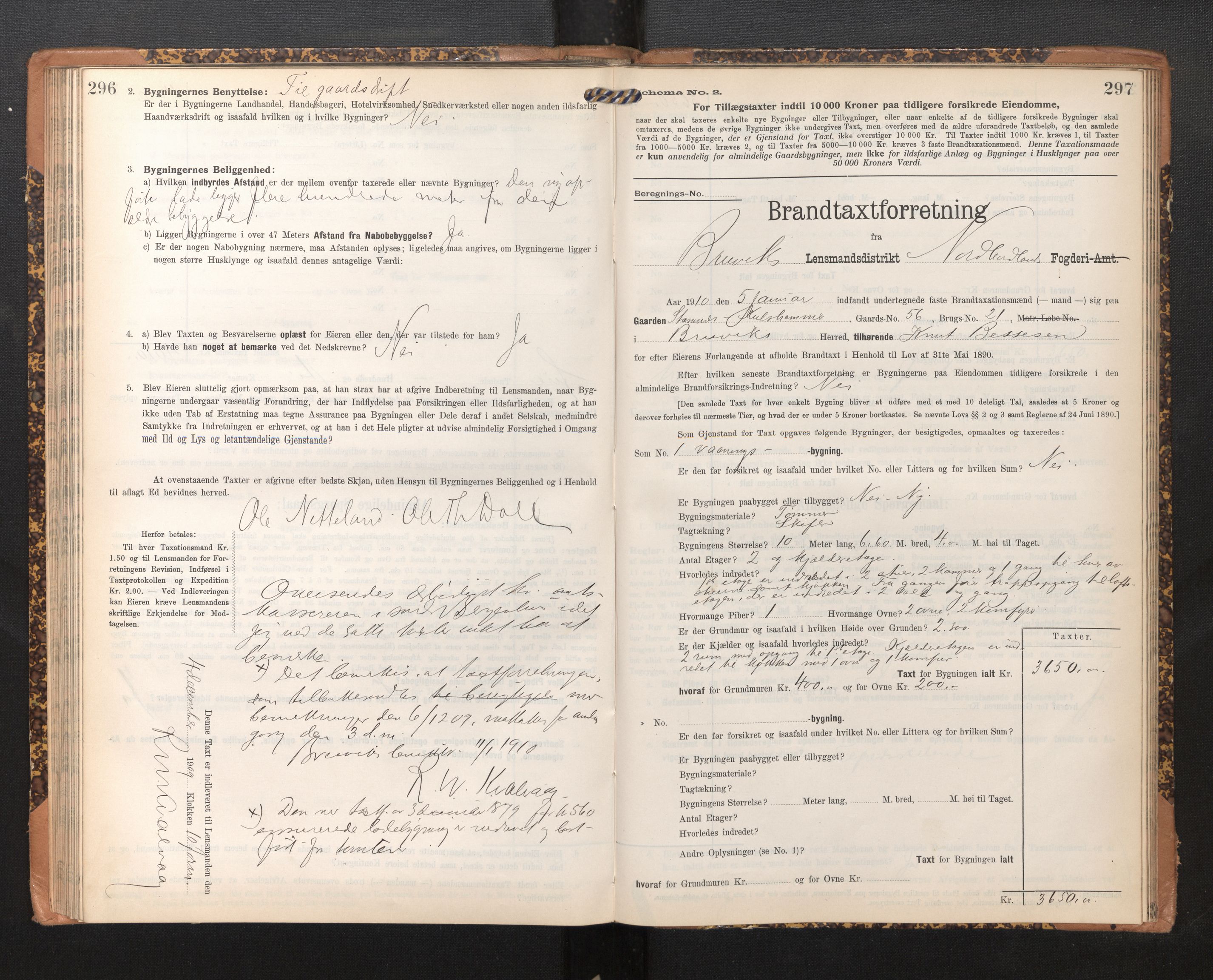 Lensmannen i Bruvik, SAB/A-31301/0012/L0007: Branntakstprotokoll, skjematakst, 1906-1918, p. 296-297
