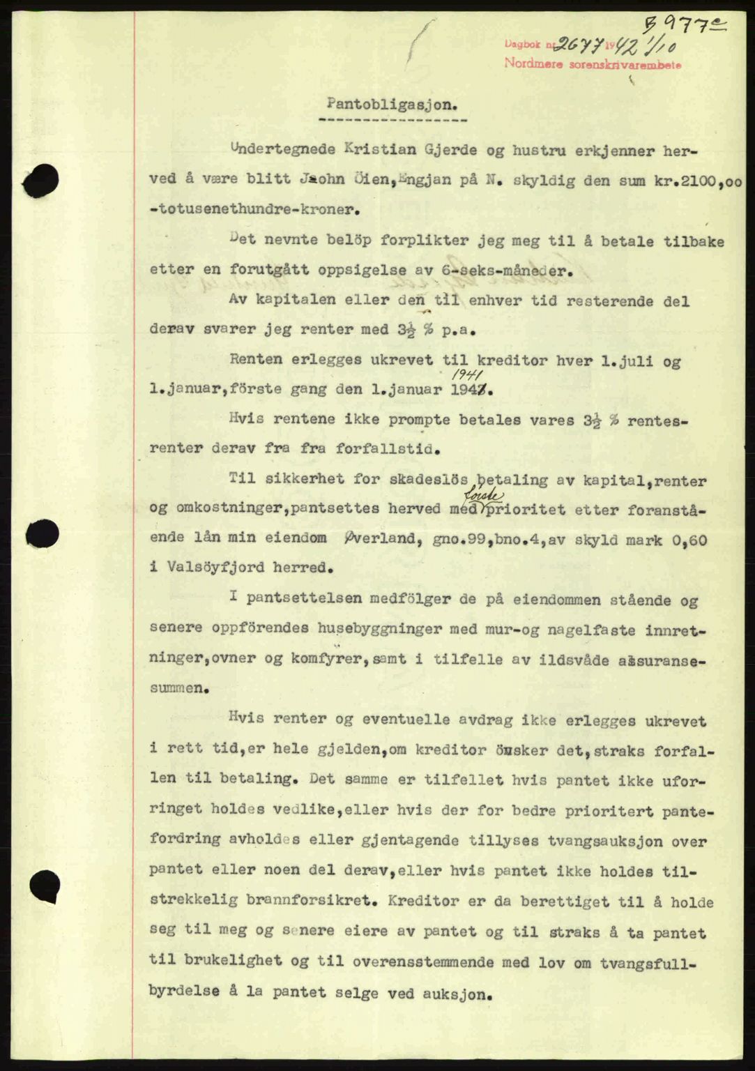 Nordmøre sorenskriveri, AV/SAT-A-4132/1/2/2Ca: Mortgage book no. B89, 1942-1942, Diary no: : 2677/1942