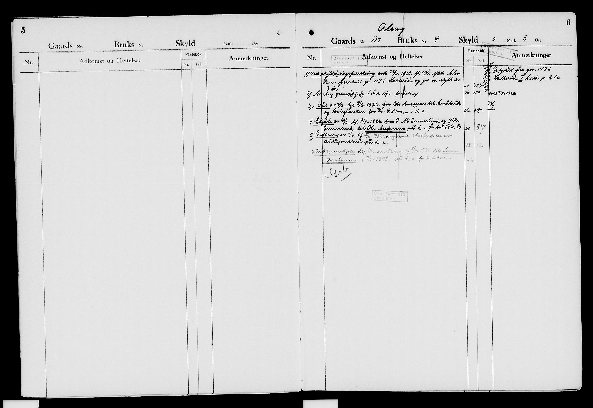 Nord-Hedmark sorenskriveri, SAH/TING-012/H/Ha/Had/Hade/L0007: Mortgage register no. 4.7, 1924-1940, p. 5-6