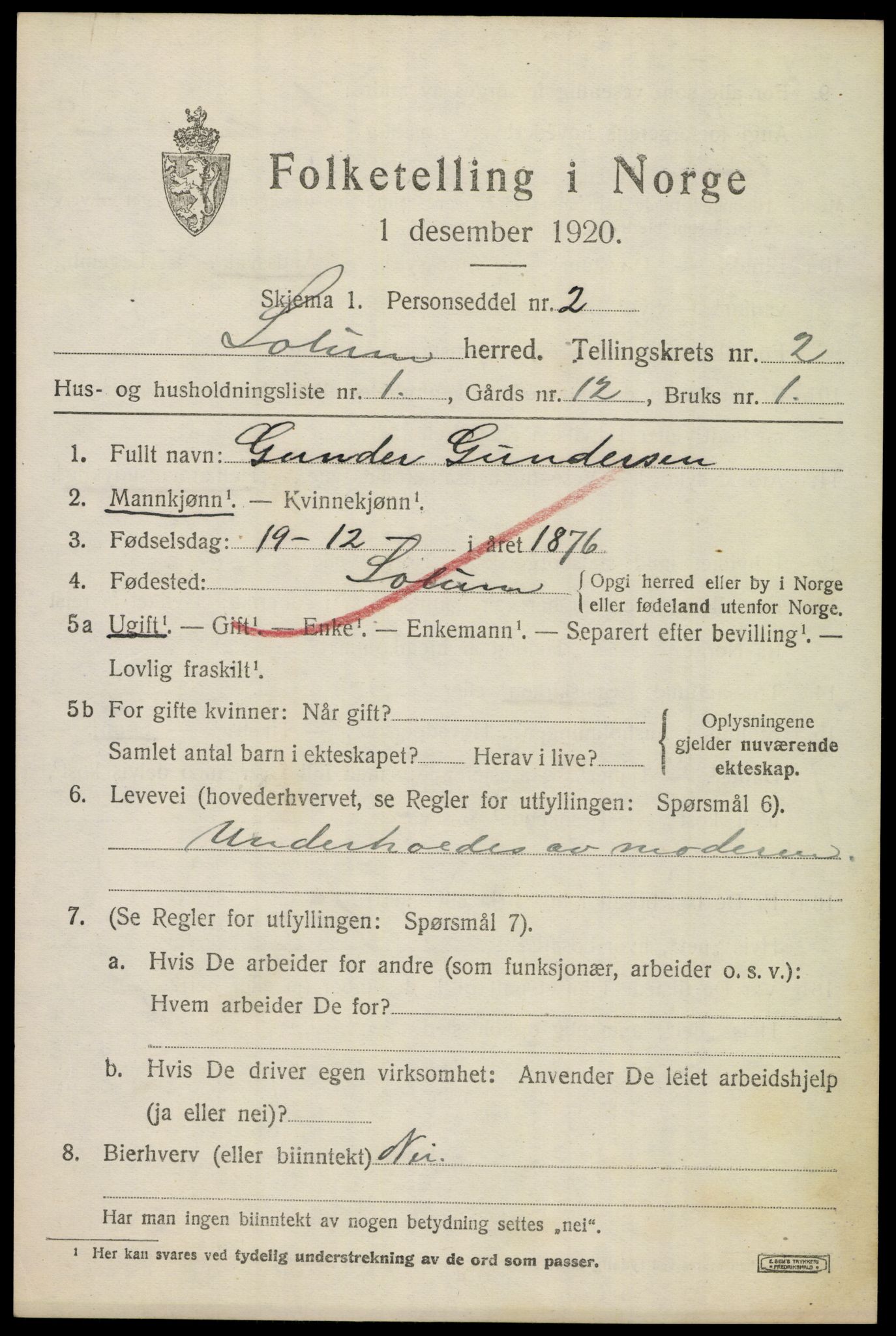 SAKO, 1920 census for Solum, 1920, p. 6994