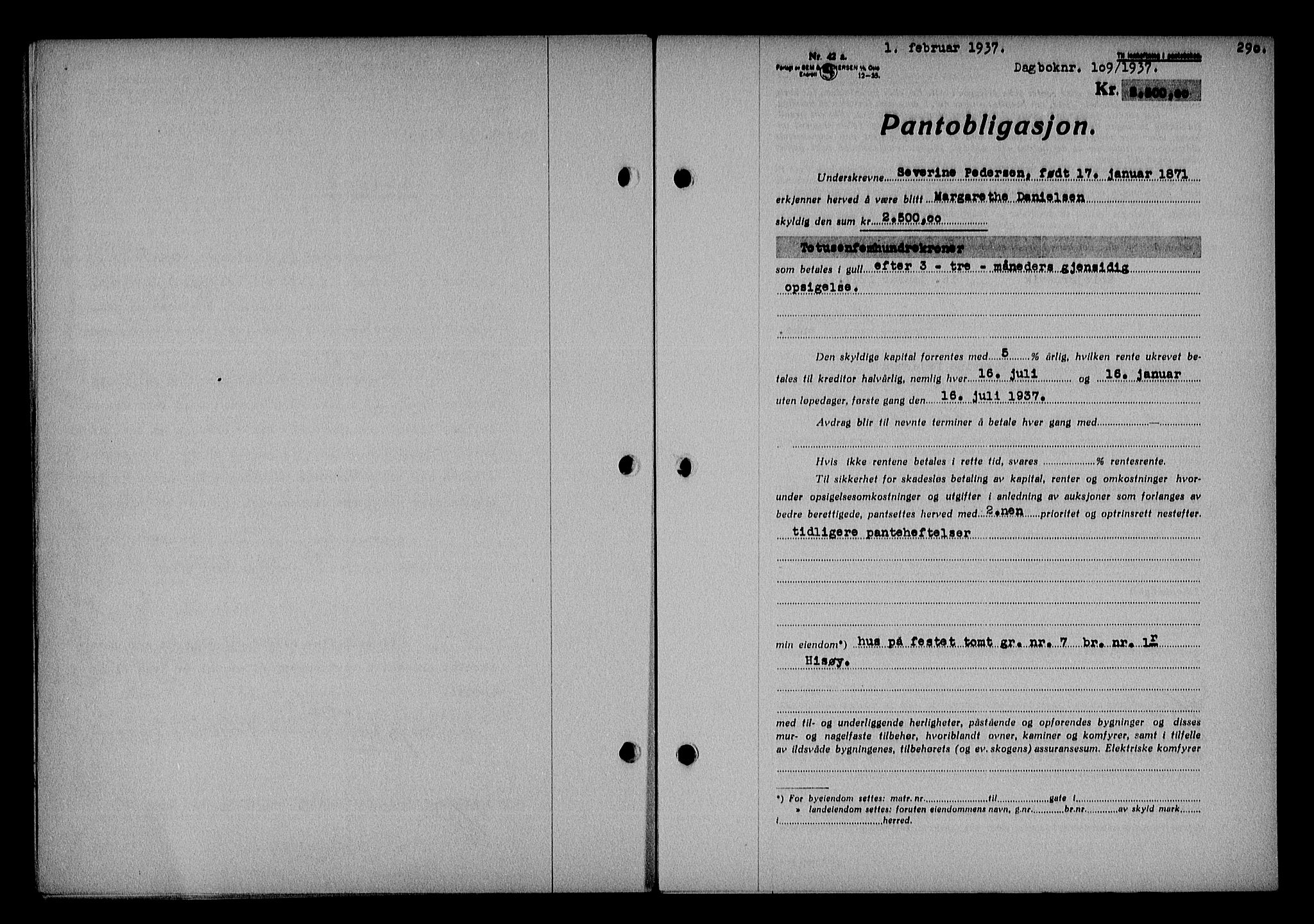 Nedenes sorenskriveri, SAK/1221-0006/G/Gb/Gba/L0043: Mortgage book no. 39, 1936-1937, Diary no: : 109/1937