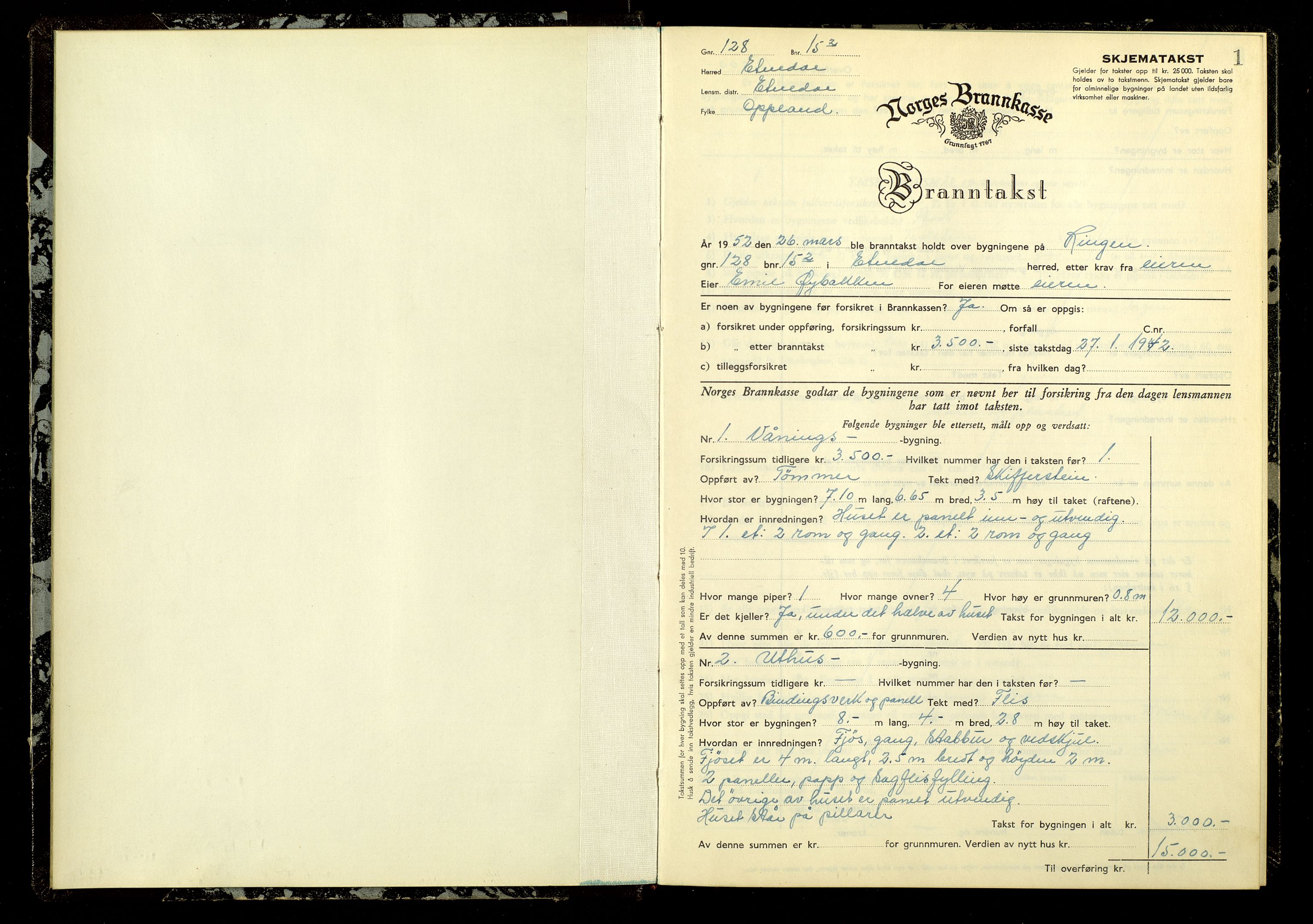 Norges Brannkasse, Etnedal, AV/SAH-NBRANE-055/F/L0007: Branntakstprotokoll, 1952-1955