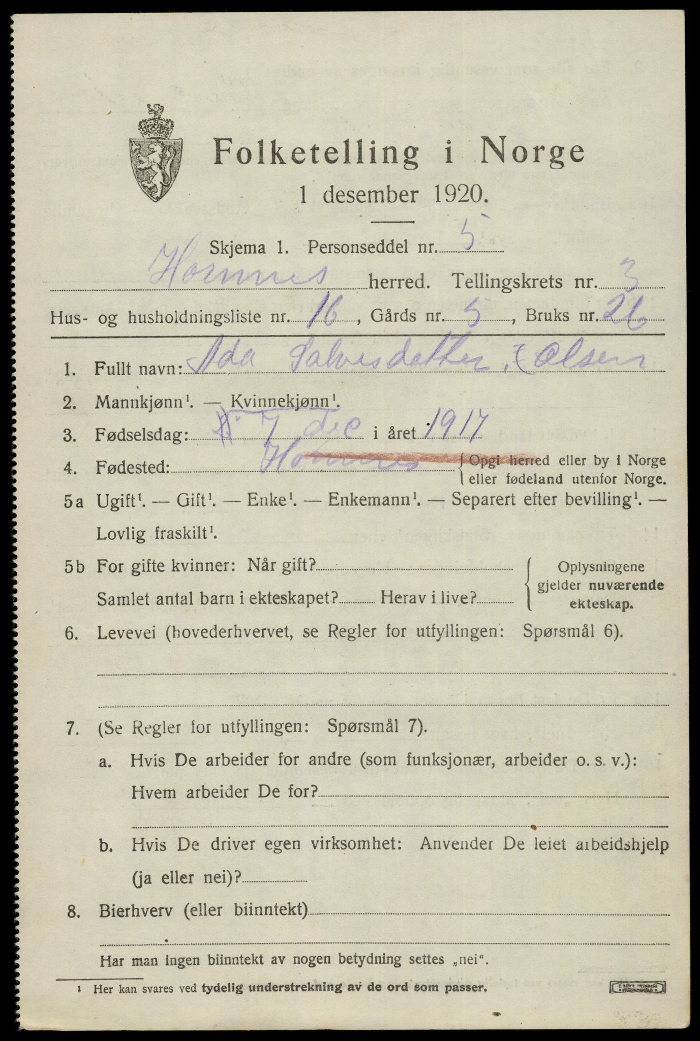 SAK, 1920 census for Hornnes, 1920, p. 1005