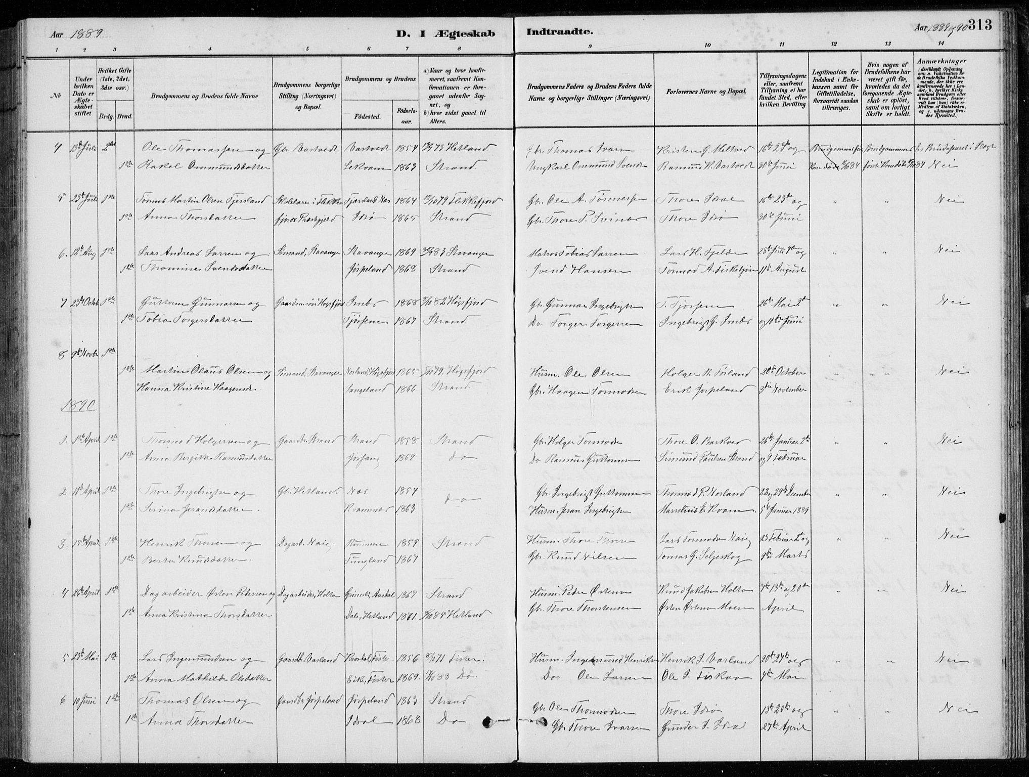 Strand sokneprestkontor, SAST/A-101828/H/Ha/Hab/L0004: Parish register (copy) no. B 4, 1878-1903, p. 313