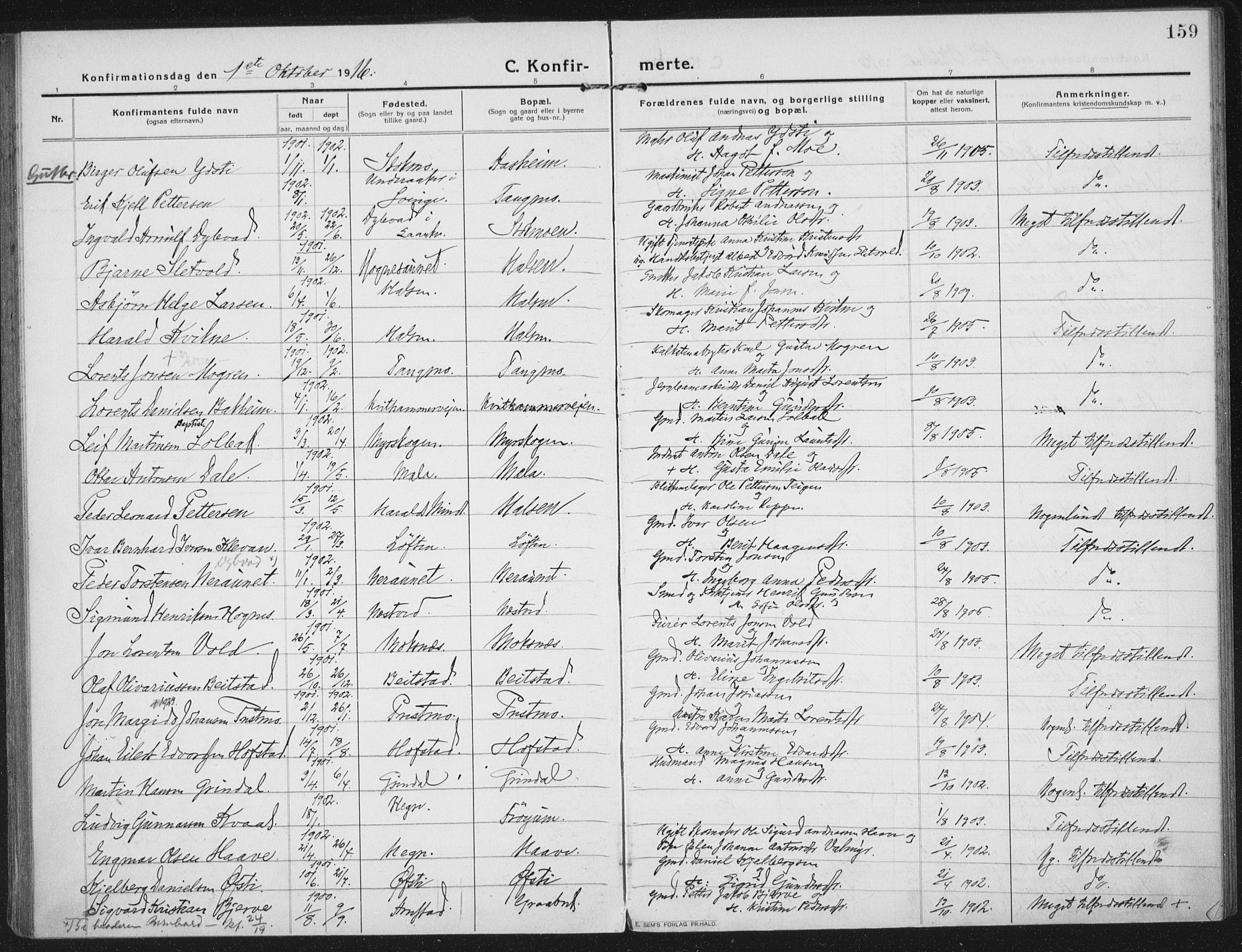 Ministerialprotokoller, klokkerbøker og fødselsregistre - Nord-Trøndelag, SAT/A-1458/709/L0083: Parish register (official) no. 709A23, 1916-1928, p. 159