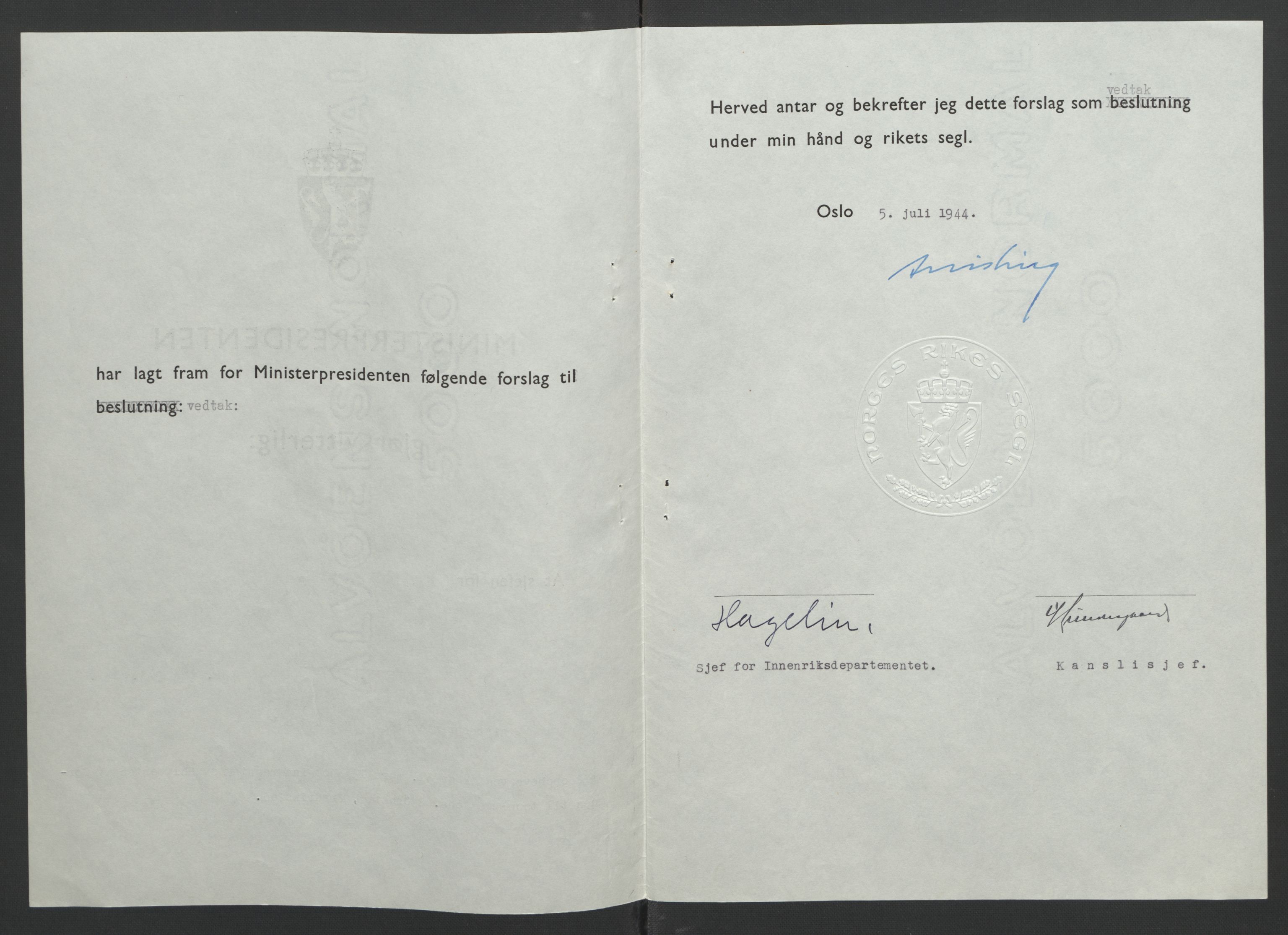 NS-administrasjonen 1940-1945 (Statsrådsekretariatet, de kommisariske statsråder mm), AV/RA-S-4279/D/Db/L0090: Foredrag til vedtak utenfor ministermøte, 1942-1945, p. 302