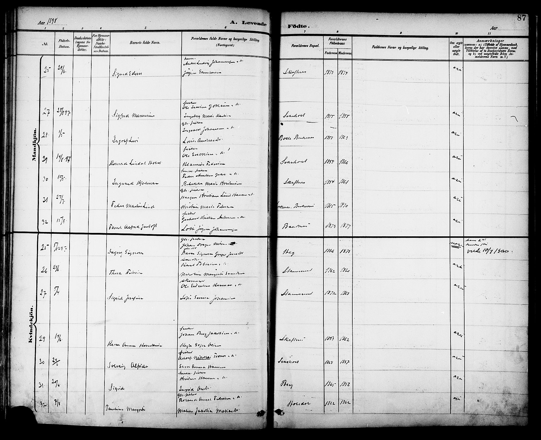 Ministerialprotokoller, klokkerbøker og fødselsregistre - Nordland, SAT/A-1459/882/L1179: Parish register (official) no. 882A01, 1886-1898, p. 87